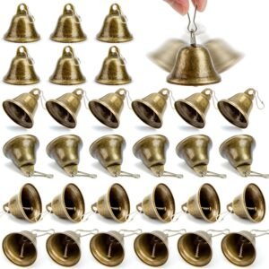 MCPINKY 34PCS Craft Bells, Small Brass Bells with Spring Hooks Hanging for Homes, Wedding Party Decorations, Keychain, Hanging Wind Chimes, 1.7" X 1.5", Vintage