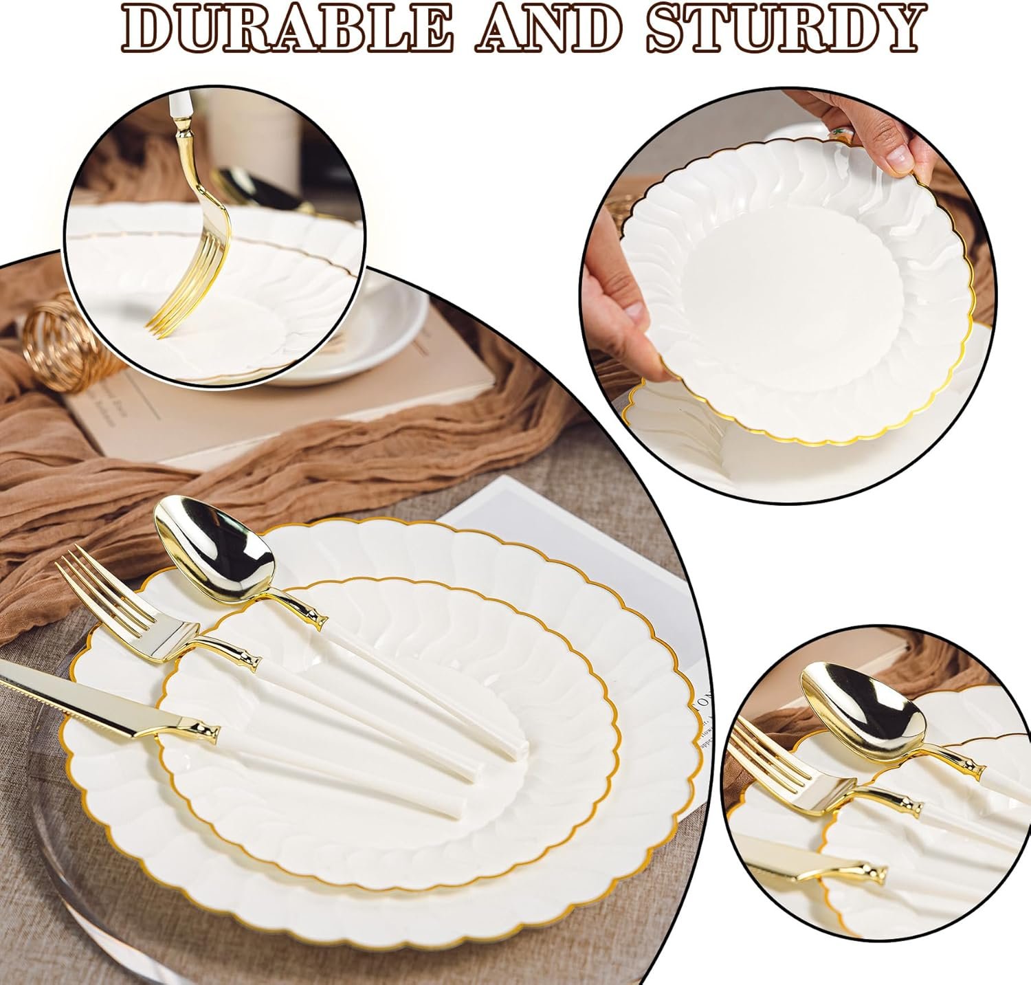 Wholesale 150PCS Ivory Plates with Gold Disposable Silverware Including 60 Scalloped Plastic Plates 30 Knives 30 Forks 30 Spoons Elegant Lightweight for Weddings Birthdays Parties Supplier Wholesale 150PCS Ivory Plates with Gold Disposable Silverware Including 60 Scalloped Plastic Plates 30 Knives 30 Forks 30 Spoons Elegant Lightweight for Weddings Birthdays Parties Supplier