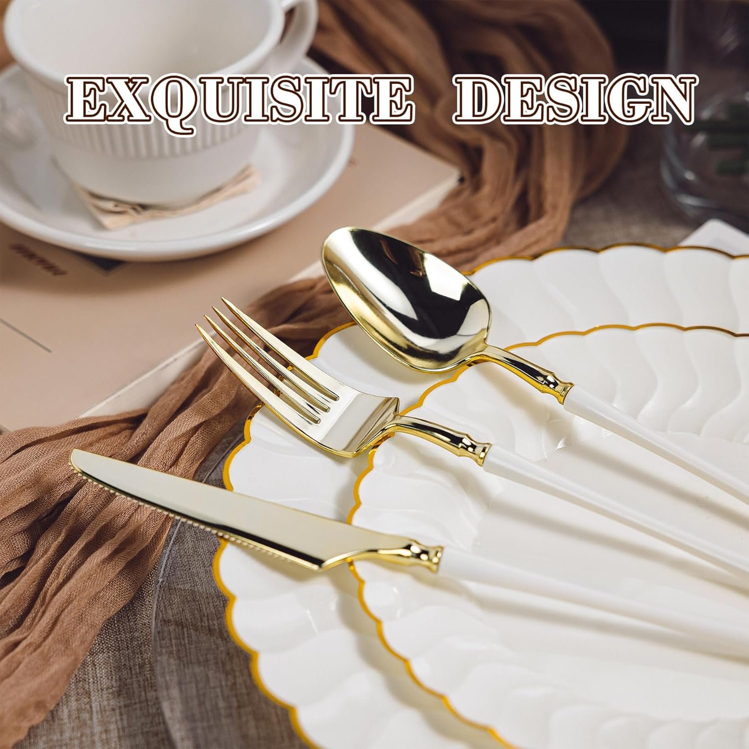 Wholesale 150PCS Ivory Plates with Gold Disposable Silverware Including 60 Scalloped Plastic Plates 30 Knives 30 Forks 30 Spoons Elegant Lightweight for Weddings Birthdays Parties Supplier Wholesale 150PCS Ivory Plates with Gold Disposable Silverware Including 60 Scalloped Plastic Plates 30 Knives 30 Forks 30 Spoons Elegant Lightweight for Weddings Birthdays Parties Supplier