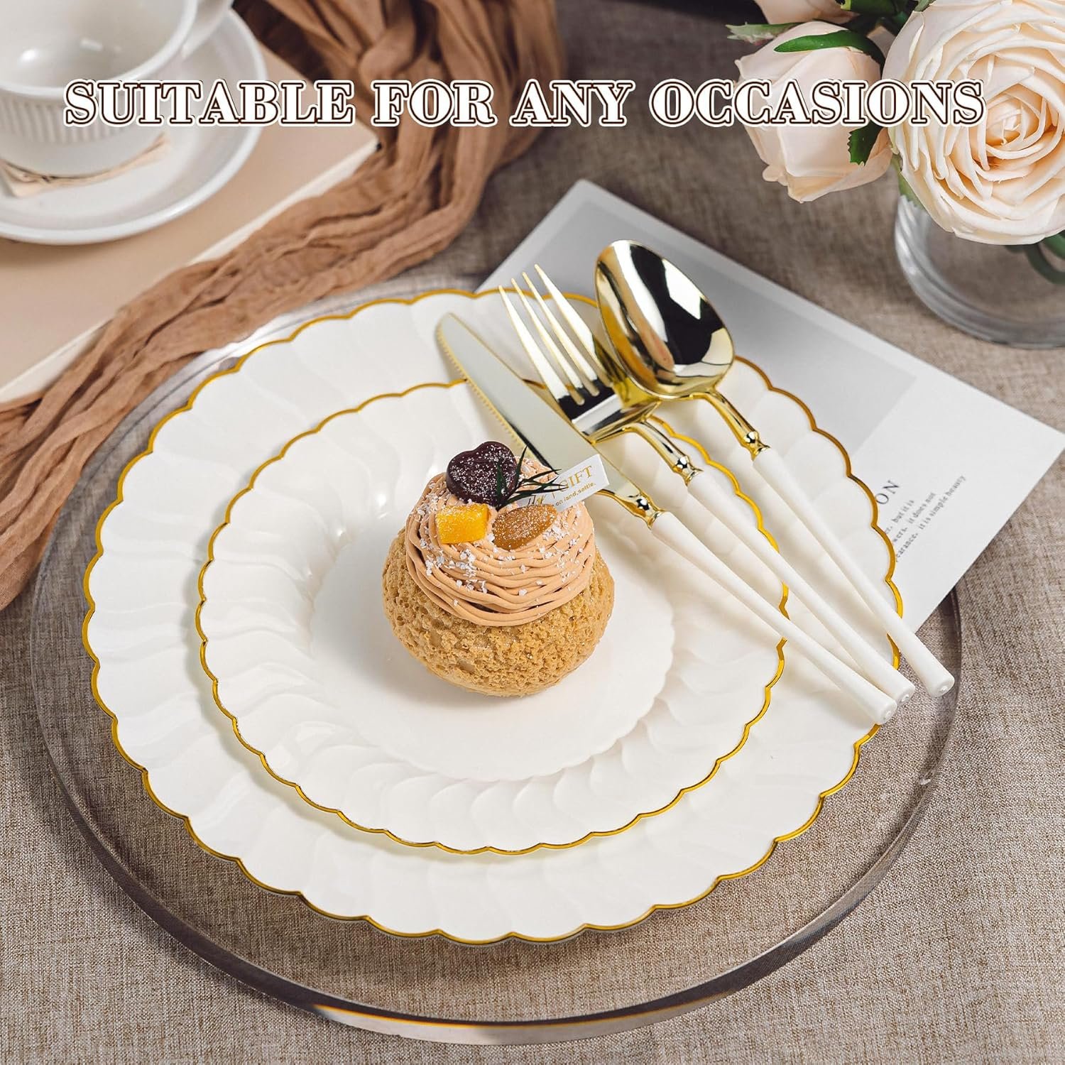 Wholesale 150PCS Ivory Plates with Gold Disposable Silverware Including 60 Scalloped Plastic Plates 30 Knives 30 Forks 30 Spoons Elegant Lightweight for Weddings Birthdays Parties Supplier Wholesale 150PCS Ivory Plates with Gold Disposable Silverware Including 60 Scalloped Plastic Plates 30 Knives 30 Forks 30 Spoons Elegant Lightweight for Weddings Birthdays Parties Supplier