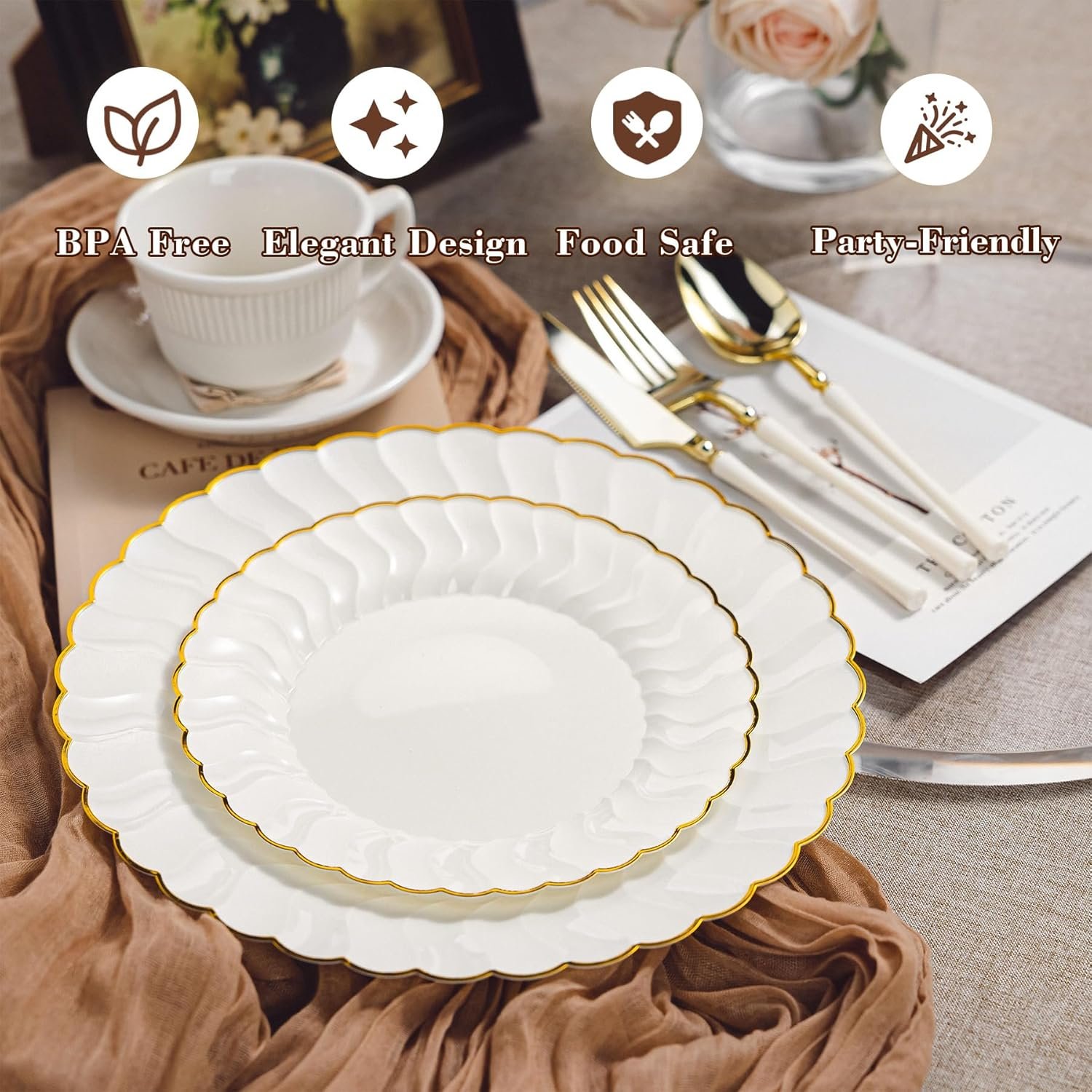 Wholesale 150PCS Ivory Plates with Gold Disposable Silverware Including 60 Scalloped Plastic Plates 30 Knives 30 Forks 30 Spoons Elegant Lightweight for Weddings Birthdays Parties Supplier Wholesale 150PCS Ivory Plates with Gold Disposable Silverware Including 60 Scalloped Plastic Plates 30 Knives 30 Forks 30 Spoons Elegant Lightweight for Weddings Birthdays Parties Supplier