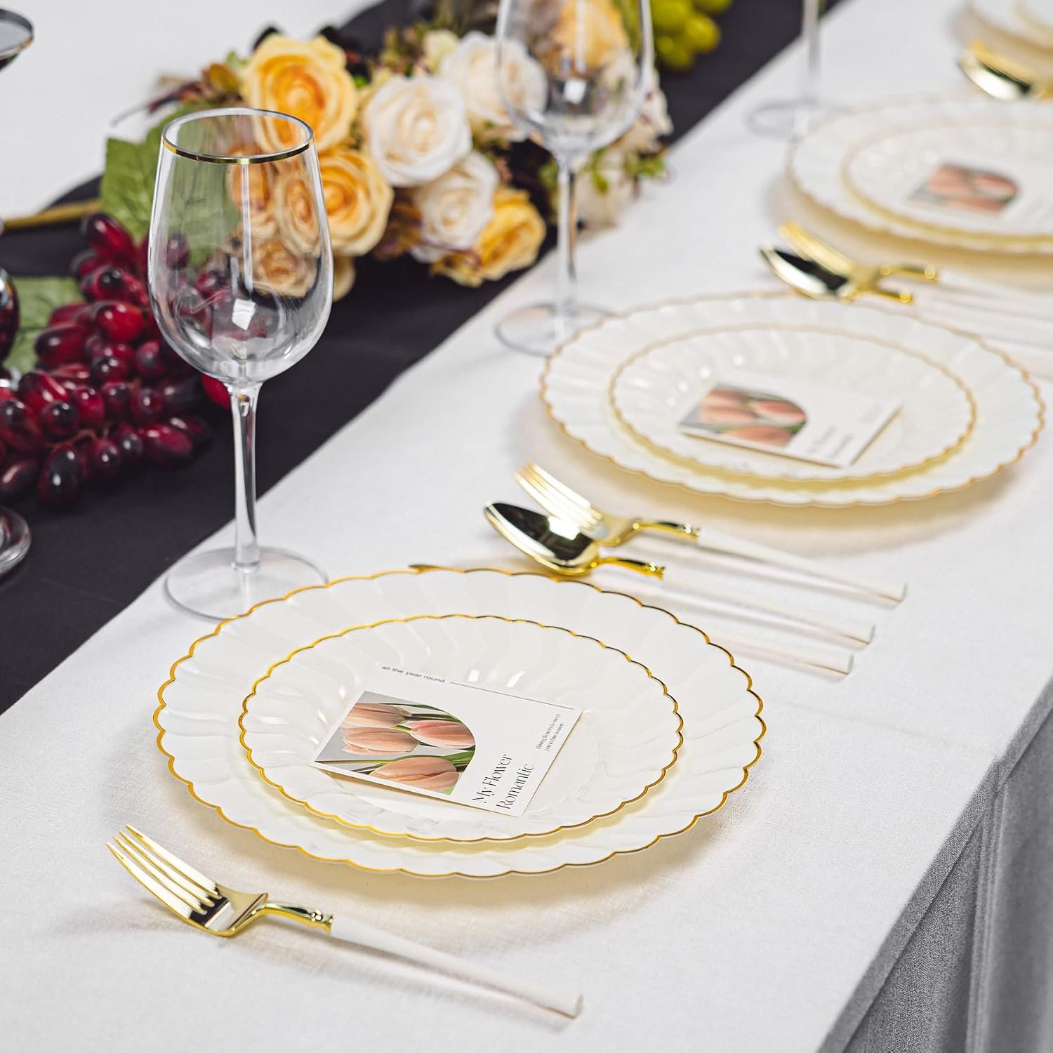 Wholesale 150PCS Ivory Plates with Gold Disposable Silverware Including 60 Scalloped Plastic Plates 30 Knives 30 Forks 30 Spoons Elegant Lightweight for Weddings Birthdays Parties Supplier Wholesale 150PCS Ivory Plates with Gold Disposable Silverware Including 60 Scalloped Plastic Plates 30 Knives 30 Forks 30 Spoons Elegant Lightweight for Weddings Birthdays Parties Supplier