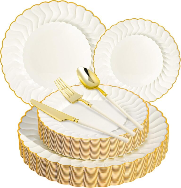 HOMIP 150PCS Ivory Plates with Gold Disposable Silverware - Include 60 Scalloped Plastic Plates, 30 Knives, 30 Forks, 30 Spoons Elegant & Lightweight for Weddings, Birthdays, Parties