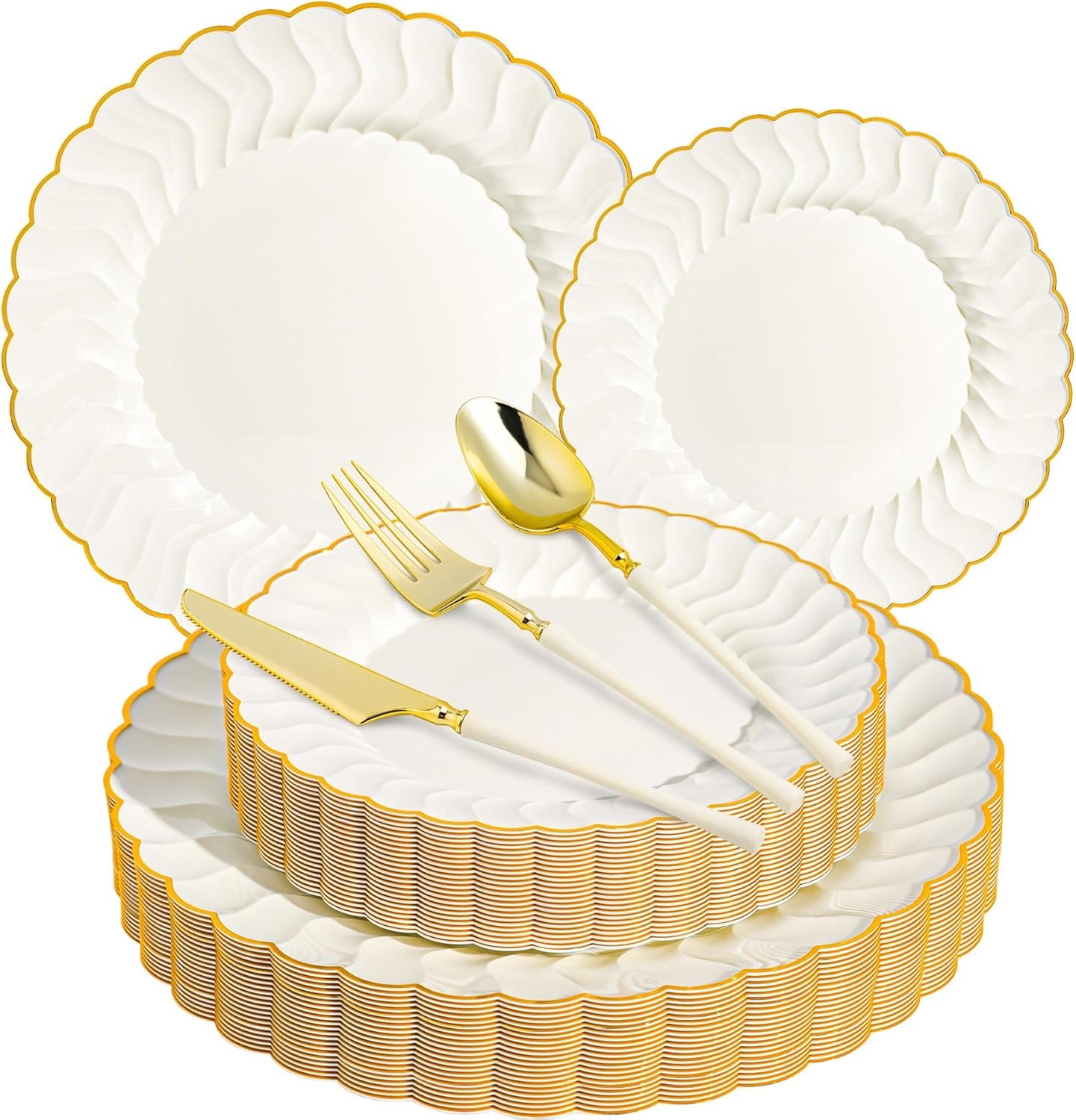 HOMIP 150PCS Ivory Plates with Gold Disposable Silverware - Include 60 Scalloped Plastic Plates, 30 Knives, 30 Forks, 30 Spoons Elegant & Lightweight for Weddings, Birthdays, Parties
