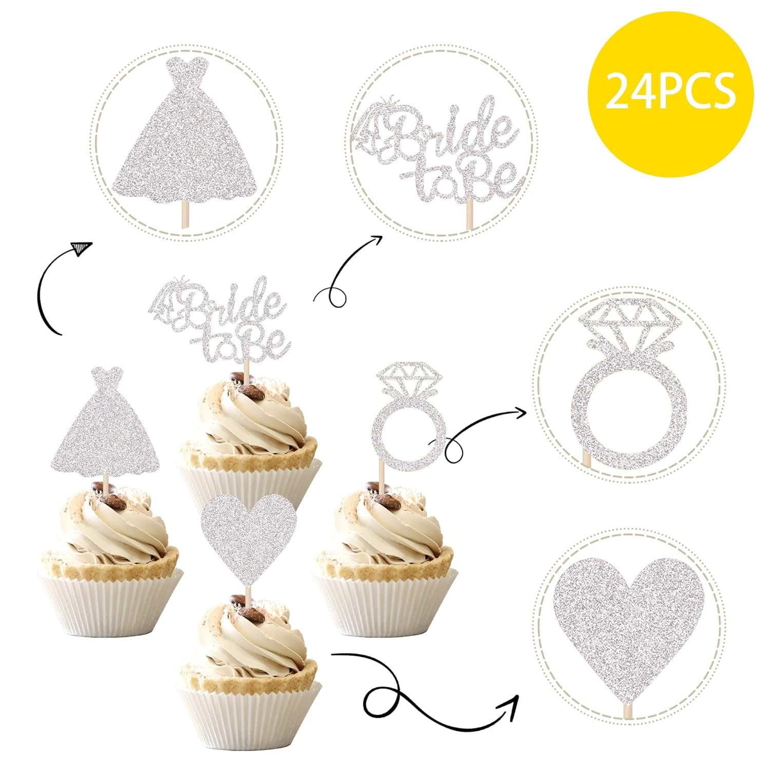 Wholesale 24 PCS Bride to Be Cupcake Toppers Heart Ring Dress Bridal Shower Picks Wedding Engagement Bachelorette Party Silver Decorations Supplier