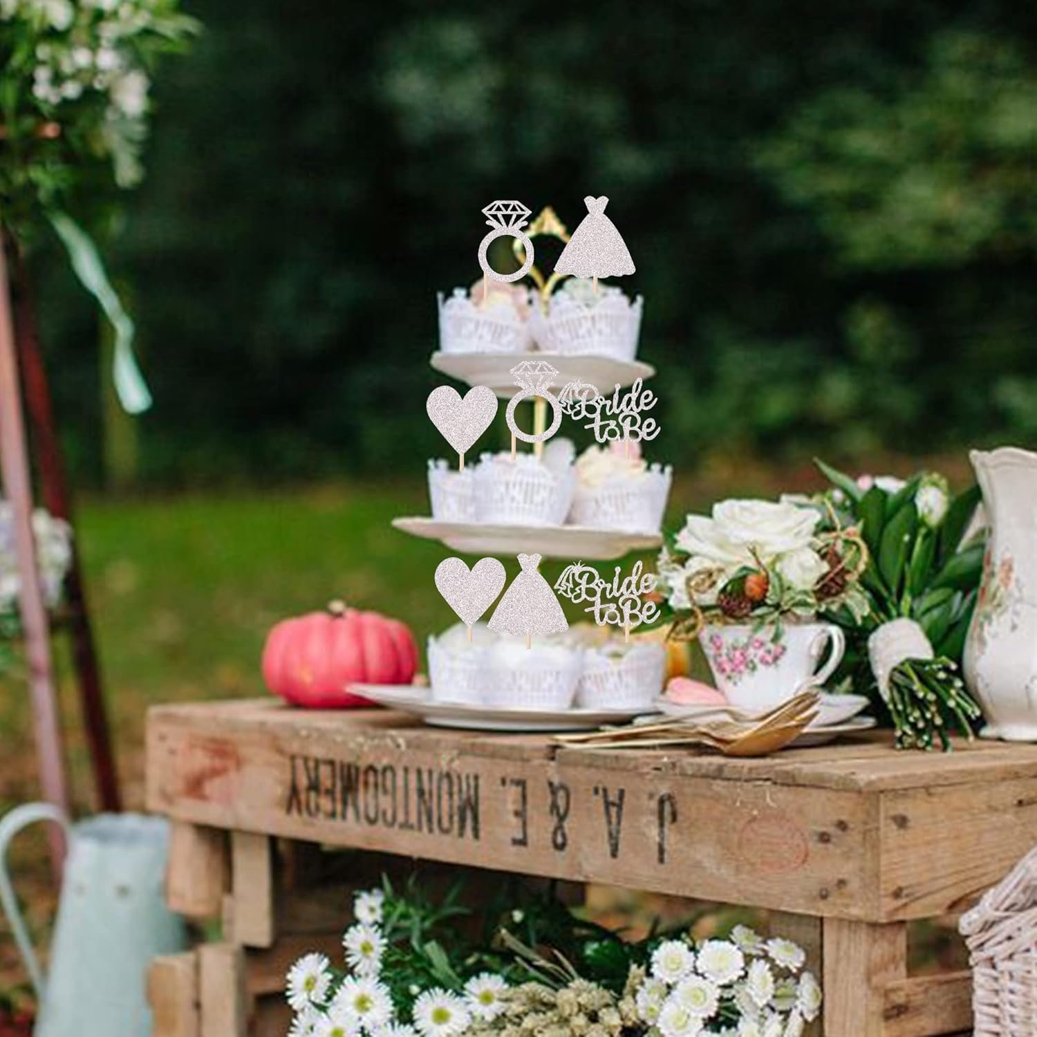 Wholesale 24 PCS Bride to Be Cupcake Toppers Heart Ring Dress Bridal Shower Picks Wedding Engagement Bachelorette Party Silver Decorations Supplier