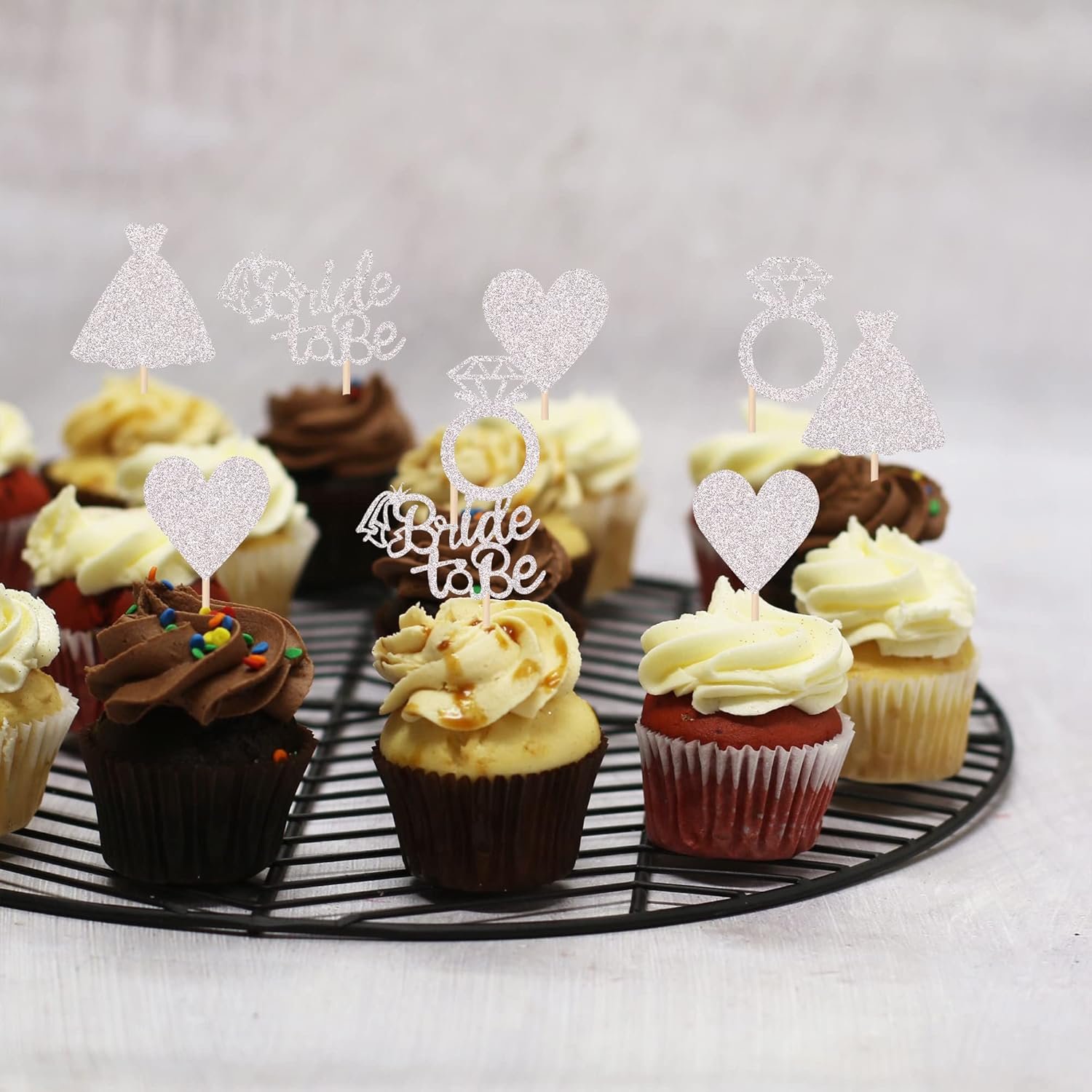 Wholesale 24 PCS Bride to Be Cupcake Toppers Heart Ring Dress Bridal Shower Picks Wedding Engagement Bachelorette Party Silver Decorations Supplier