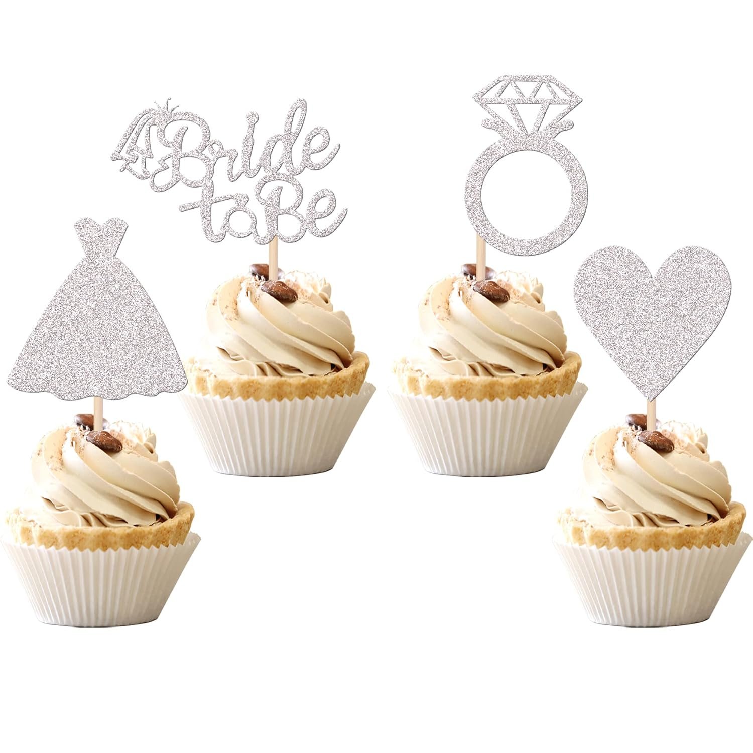 Wholesale 24 PCS Bride to Be Cupcake Toppers Heart Ring Dress Bridal Shower Picks Wedding Engagement Bachelorette Party Silver Decorations Supplier