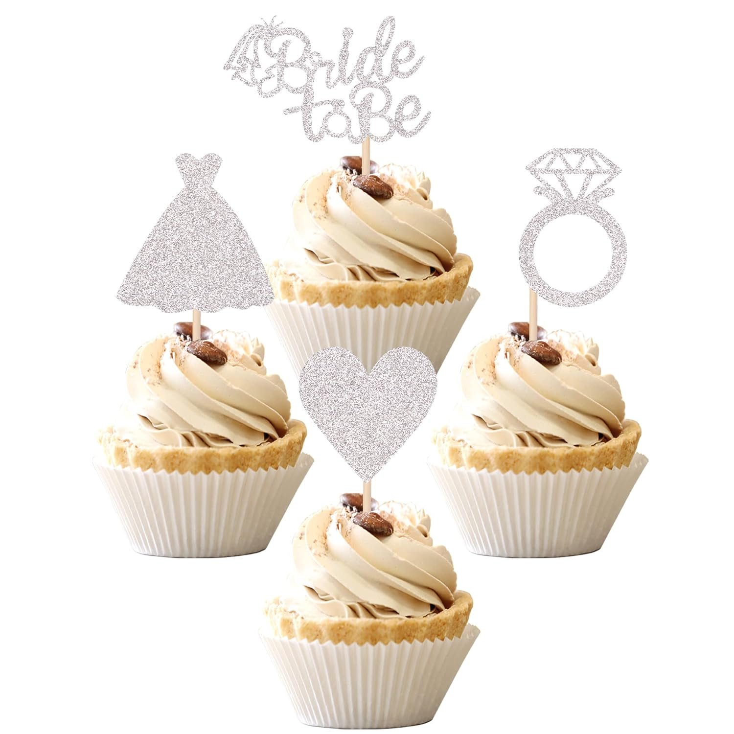 Wholesale 24 PCS Bride to Be Cupcake Toppers Heart Ring Dress Bridal Shower Picks Wedding Engagement Bachelorette Party Silver Decorations Supplier