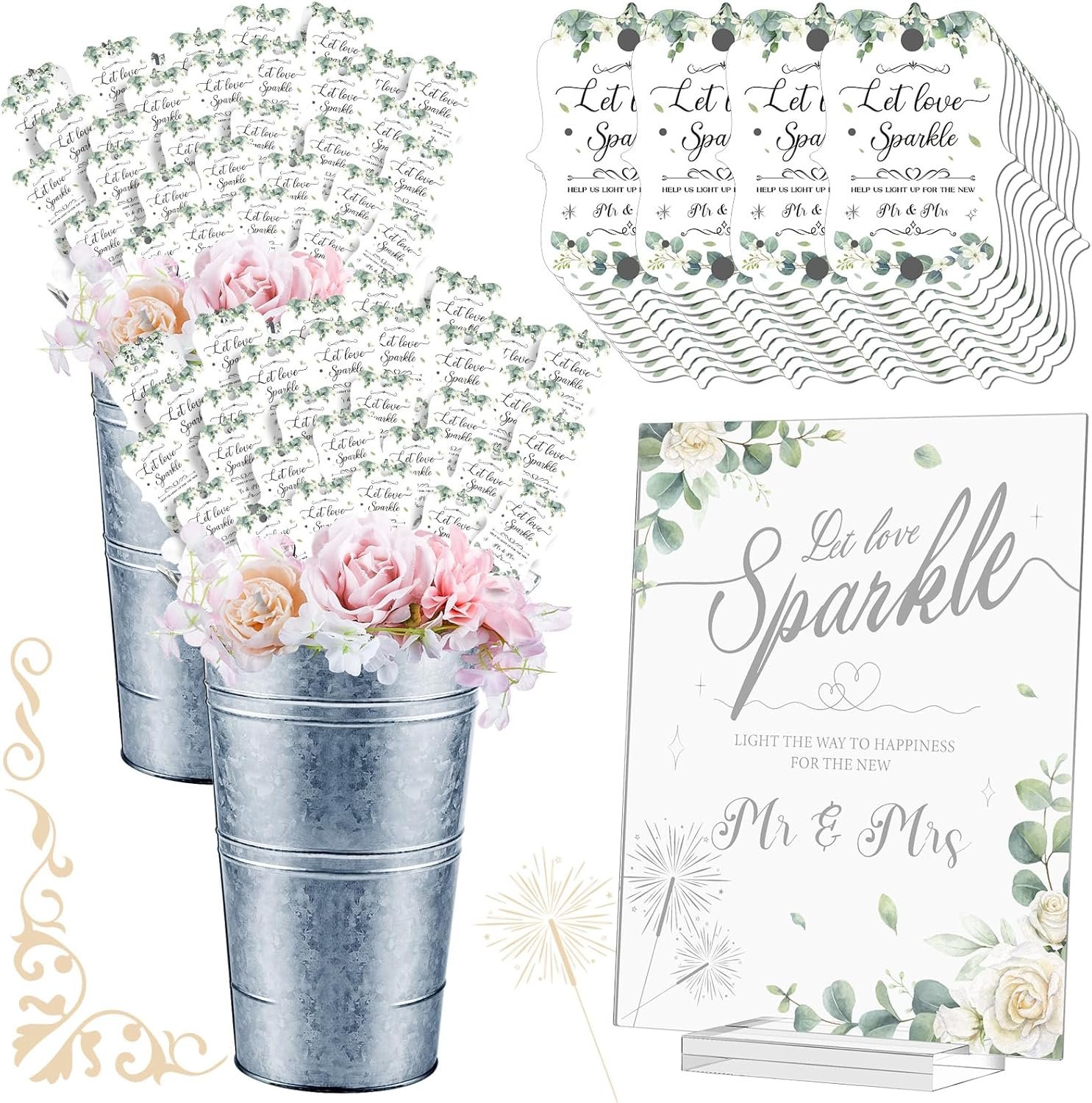 Henoyso Greenery Wedding Send Off Tags Set Include 150 Pcs Tags 1 Acrylic Wedding Send Off Sign with Stand 2 Galvanized Metal Buckets for Table Centerpiece Party Decorations(Silver)