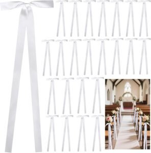 24 Pcs Large Wedding Aisle Ribbon Bows with Long Tails, 9.8 x 35.8 Inch Ceremony Pew Ribbon Bows Decorations for Wedding Bridal Shower Reception Church Bench, White