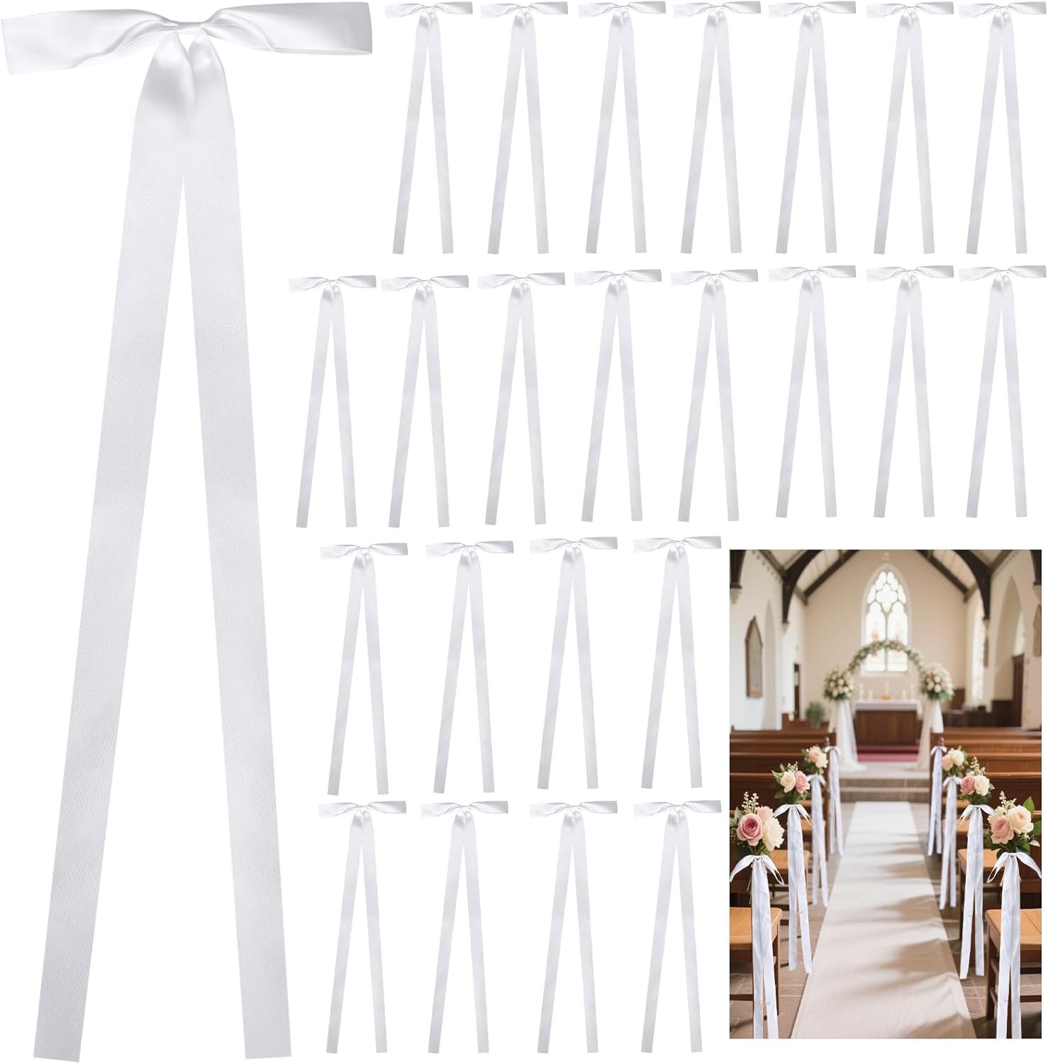 24 Pcs Large Wedding Aisle Ribbon Bows with Long Tails, 9.8 x 35.8 Inch Ceremony Pew Ribbon Bows Decorations for Wedding Bridal Shower Reception Church Bench, White
