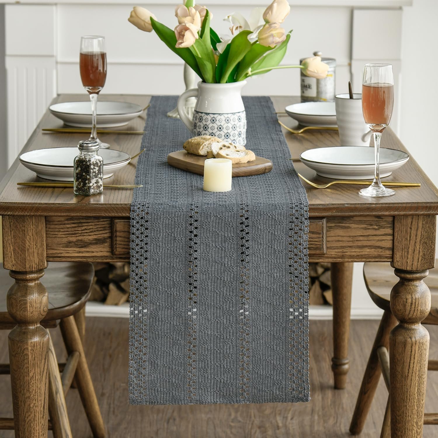 Wholesale Dark Grey Farmhouse Woven Rustic Hollow Table Runner Seasonal Holiday Kitchen Dining Table Decoration Home Party Decor 12x72 Inch Supplier