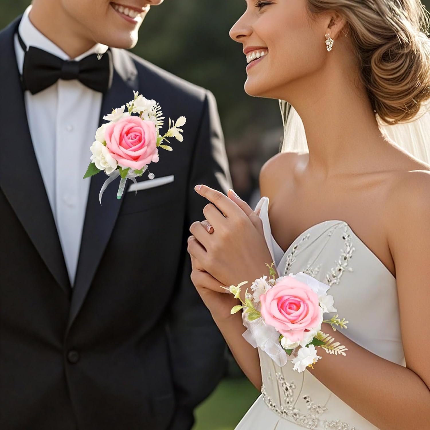 Wholesale Artificial Rose Wrist Corsage and Boutonniere Set for Wedding Prom Party Pink 1 Boutonniere and 1 Wrist Corsage Supplier