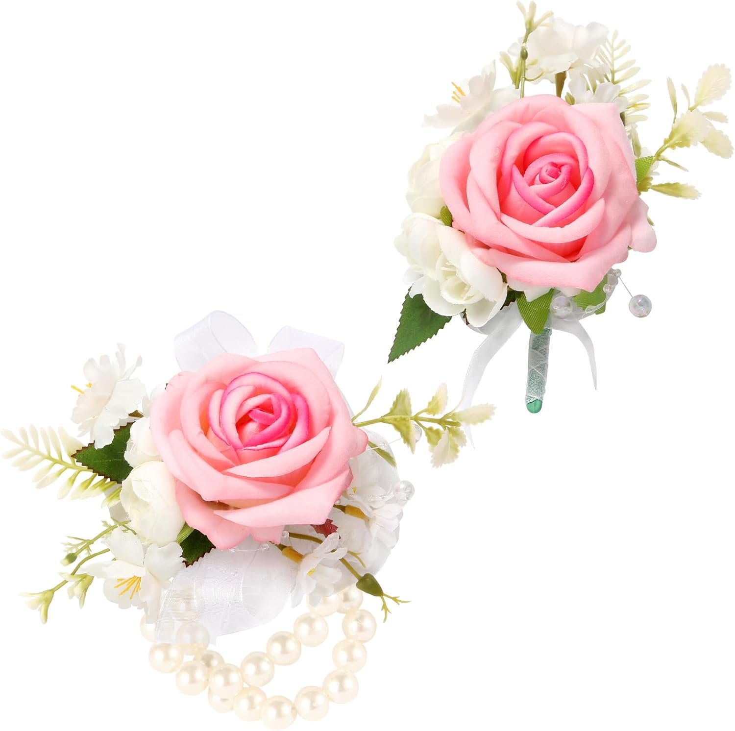 Wrist Corsage and Boutonniere Set, Artificial Rose Corsage Wristlet and Boutonniere for Wedding Prom Party (Pink 1 Boutonniere&1 Wrist Corsage)