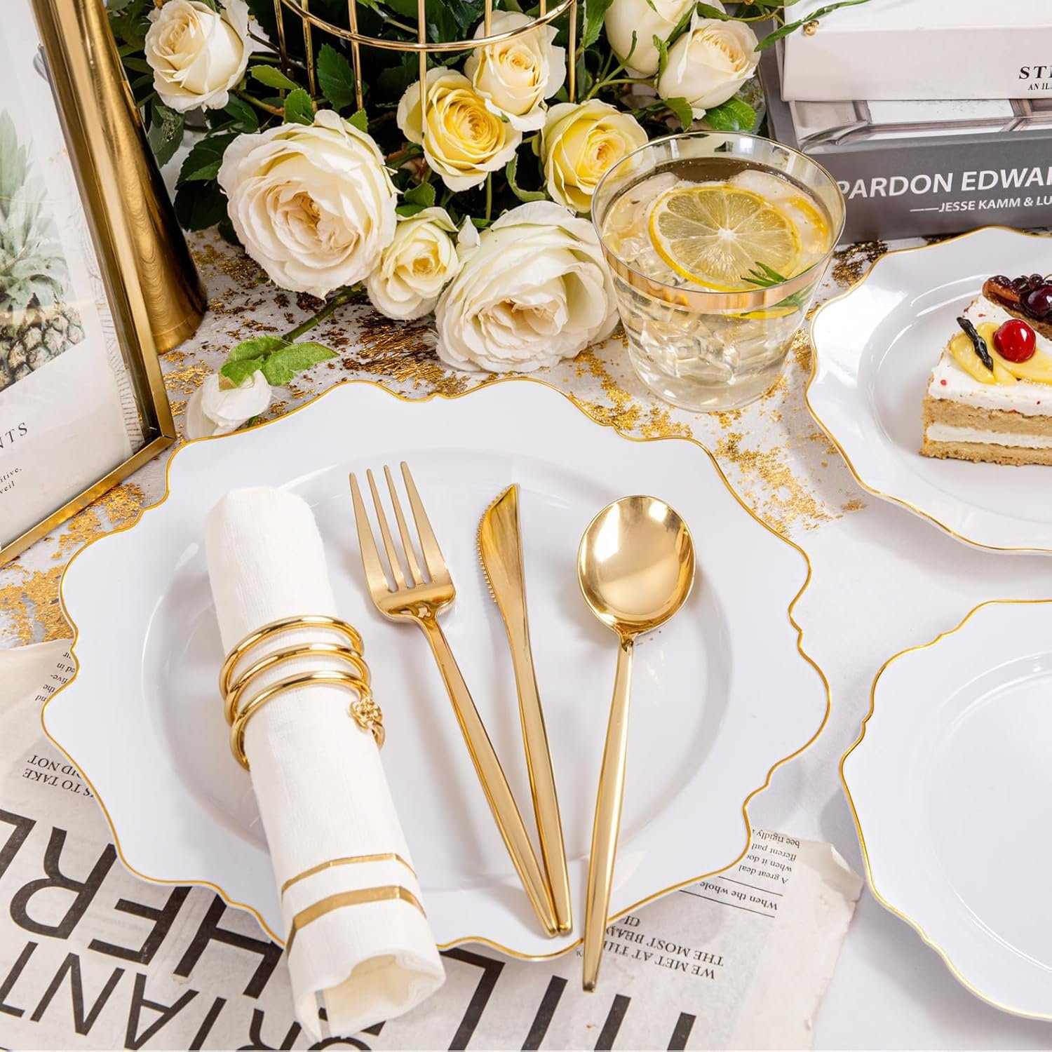 Wholesale 350PCS White and Gold Disposable Plastic Plates for 50 Guests Ideal for Parties Weddings Birthdays Valentine's Day Supplier