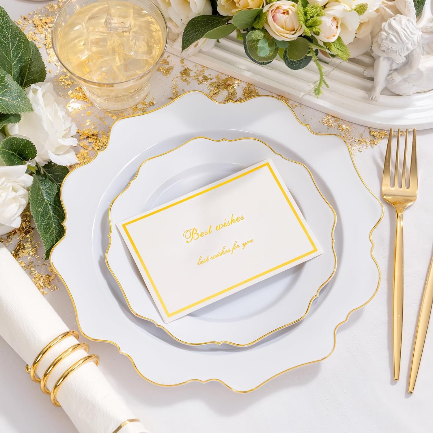 Wholesale 350PCS White and Gold Disposable Plastic Plates for 50 Guests Ideal for Parties Weddings Birthdays Valentine's Day Supplier