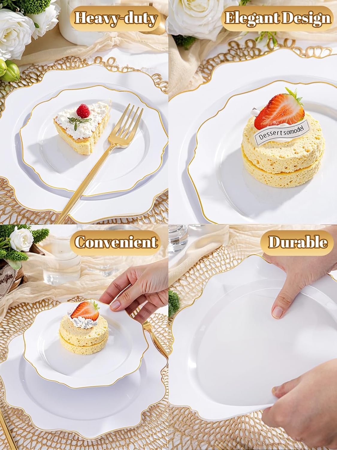 Wholesale 350PCS White and Gold Disposable Plastic Plates for 50 Guests Ideal for Parties Weddings Birthdays Valentine's Day Supplier