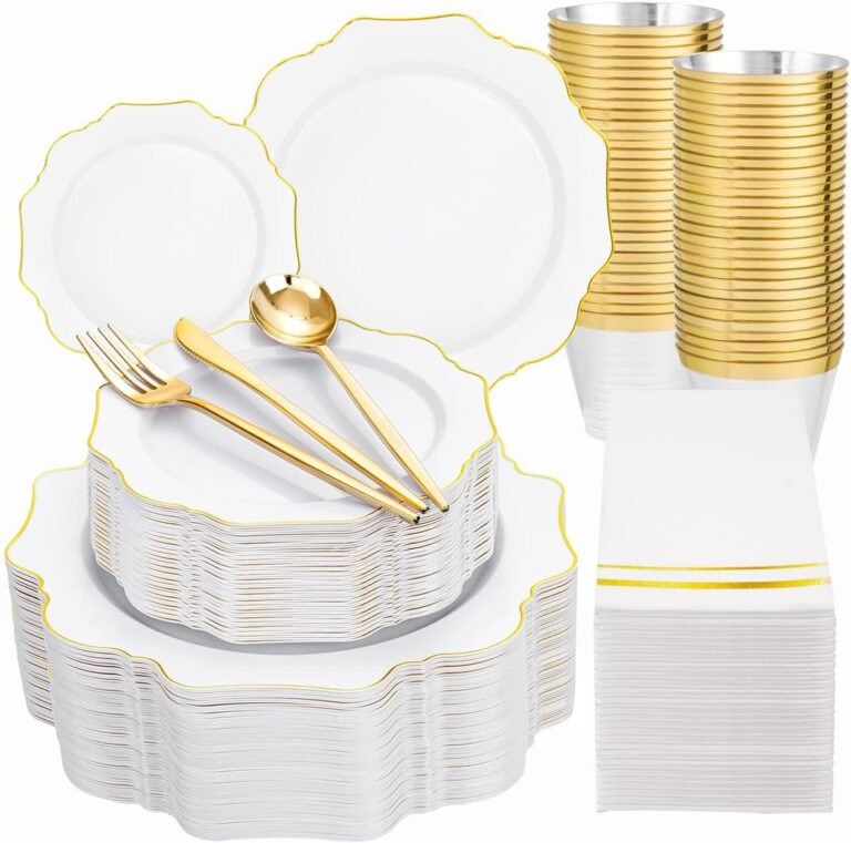 WDF 350PCS White and Gold Plastic Plates - Gold Plates Disposable 50Guest Plastic Dinnerware Ideal for Party/Wedding/Birthday/Valentine's Day