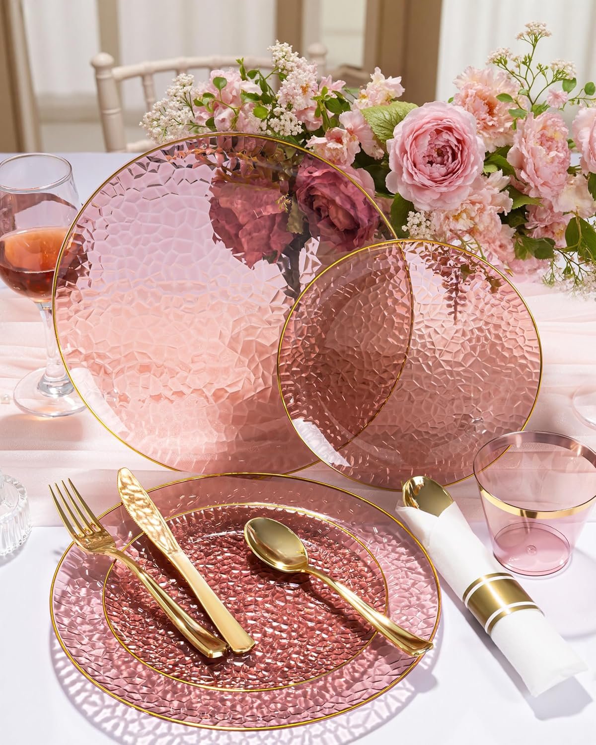 Wholesale 175PCS Clear Burgundy Hammered Disposable Plastic Dinnerware Set Includes 25 Dinner Plates 25 Dessert Plates 25 Cups 25 Rolled Napkin Cutlery for Parties Supplier Wholesale 175PCS Clear Burgundy Hammered Disposable Plastic Dinnerware Set Includes 25 Dinner Plates 25 Dessert Plates 25 Cups 25 Rolled Napkin Cutlery for Parties Supplier