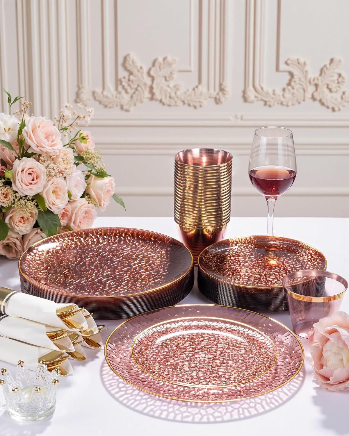 Wholesale 175PCS Clear Burgundy Hammered Disposable Plastic Dinnerware Set Includes 25 Dinner Plates 25 Dessert Plates 25 Cups 25 Rolled Napkin Cutlery for Parties Supplier Wholesale 175PCS Clear Burgundy Hammered Disposable Plastic Dinnerware Set Includes 25 Dinner Plates 25 Dessert Plates 25 Cups 25 Rolled Napkin Cutlery for Parties Supplier