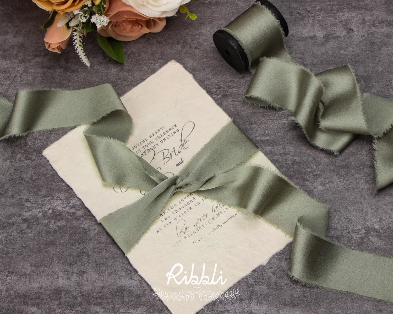 Wholesale Dusty Sage Green Silk Satin Frayed Chiffon Ribbon 1.5 Inch x 12 Yard Handmade with Wooden Spool for Gift Wrapping Wedding Invitations Bridal Bouquets Home Decor Supplier