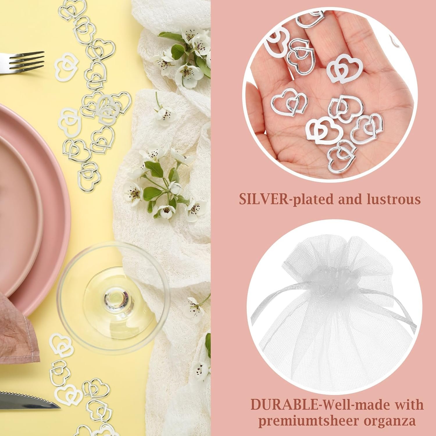 Wholesale 50 Pcs Silver Love Heart Shaped Confetti with 1 Pc White Organza Bag for Bridal Shower Wedding Valentines Day Decor Supplier Wholesale 50 Pcs Silver Love Heart Shaped Confetti with 1 Pc White Organza Bag for Bridal Shower Wedding Valentines Day Decor Supplier