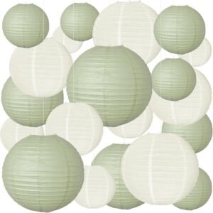 20Pcs Paper Lanterns Decorative, Sage Green and Ivory Round Hanging Paper Lanterns Decorations for Rustic Party Bridal Shower Wedding Birthday Home Decor