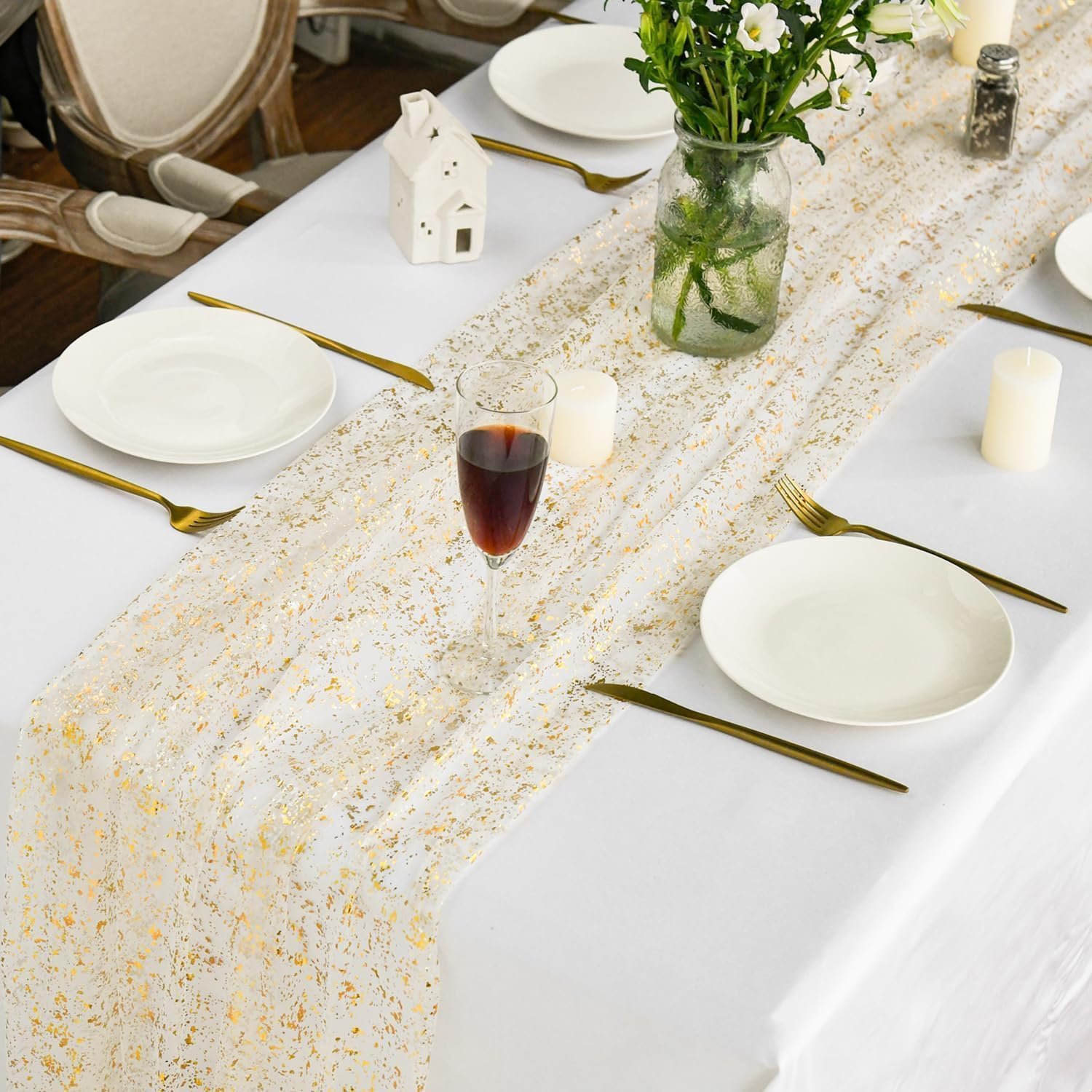 Wholesale Beige Gold Gauze Table Runner 120 Inch 10FT Glitter Metallic Foil Sheer Dining Wedding Anniversary Holiday Birthday Home Party Table Decor Supplier