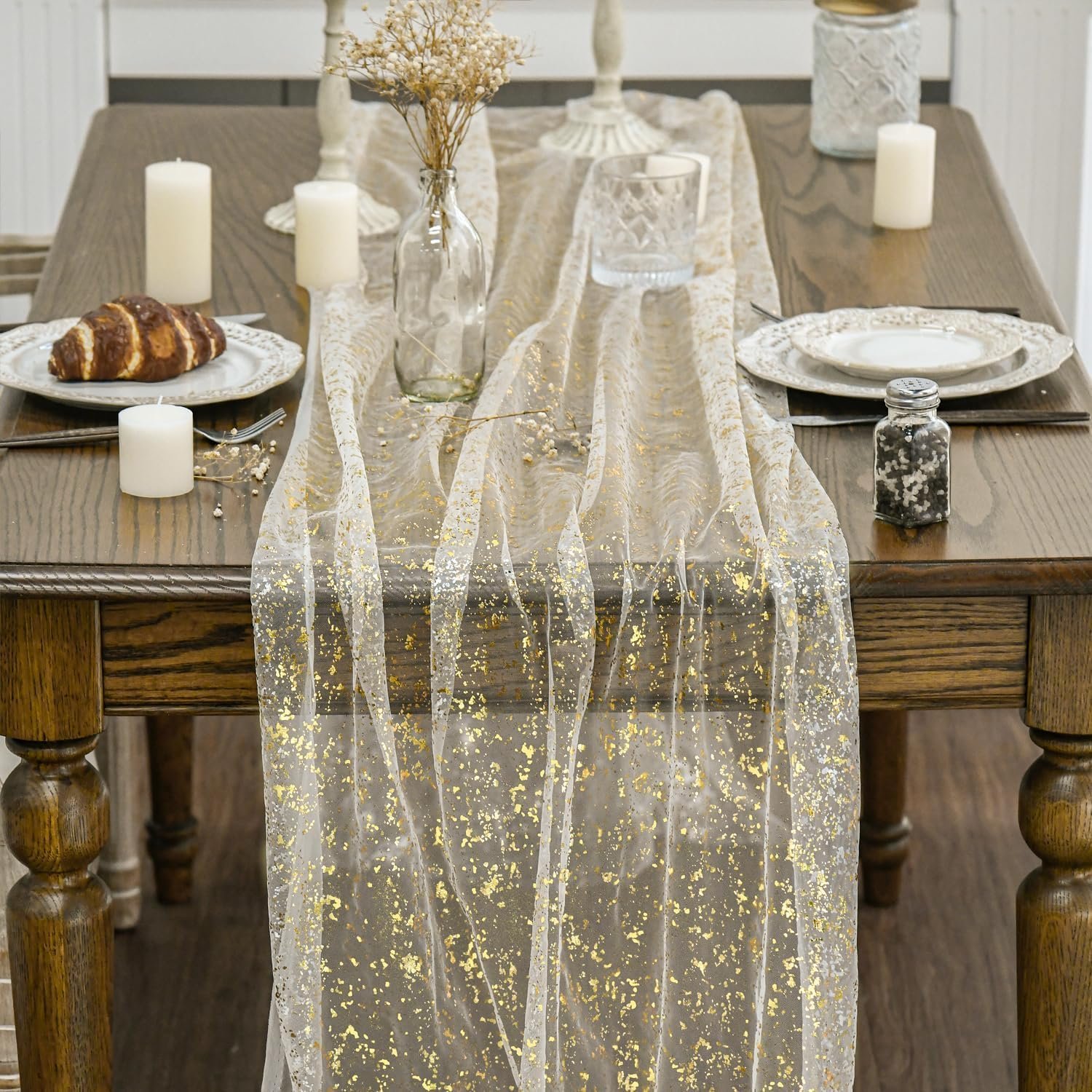Wholesale Beige Gold Gauze Table Runner 120 Inch 10FT Glitter Metallic Foil Sheer Dining Wedding Anniversary Holiday Birthday Home Party Table Decor Supplier