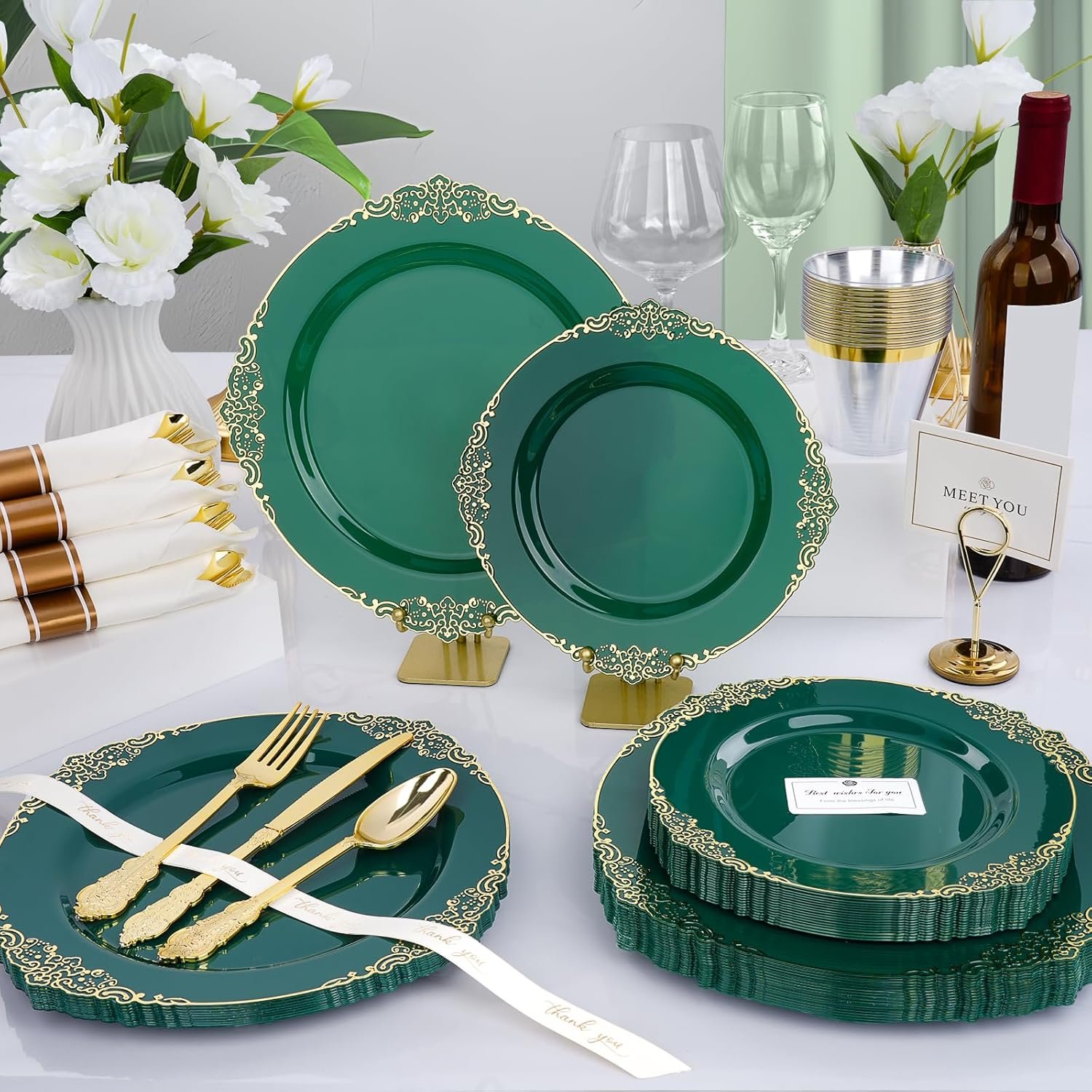 Wholesale 350 PCS Green and Gold Plastic Dinnerware Set for 50 Guests with 100 Disposable Plates 150 Silverware 50 Cups 50 Napkins for Parties Weddings Graduations Supplier