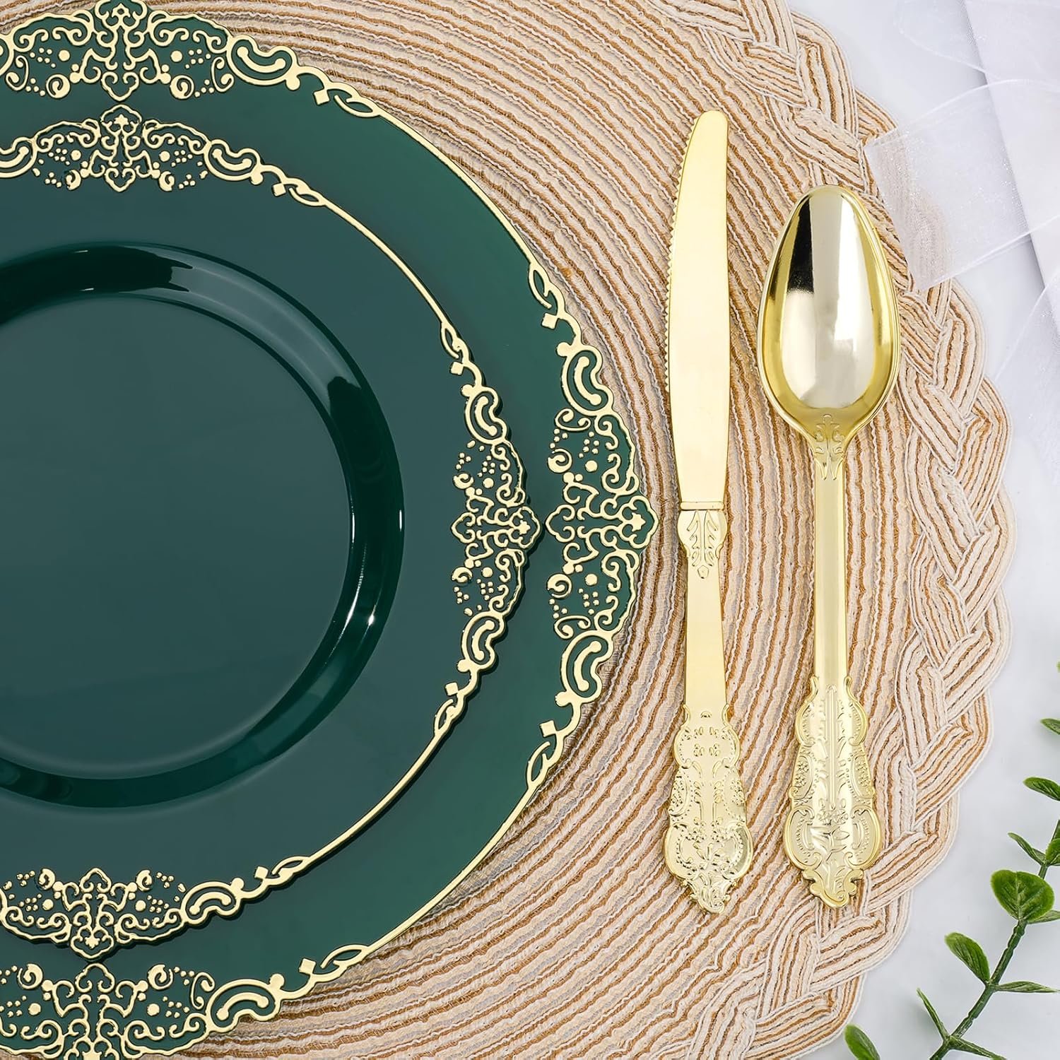 Wholesale 350 PCS Green and Gold Plastic Dinnerware Set for 50 Guests with 100 Disposable Plates 150 Silverware 50 Cups 50 Napkins for Parties Weddings Graduations Supplier