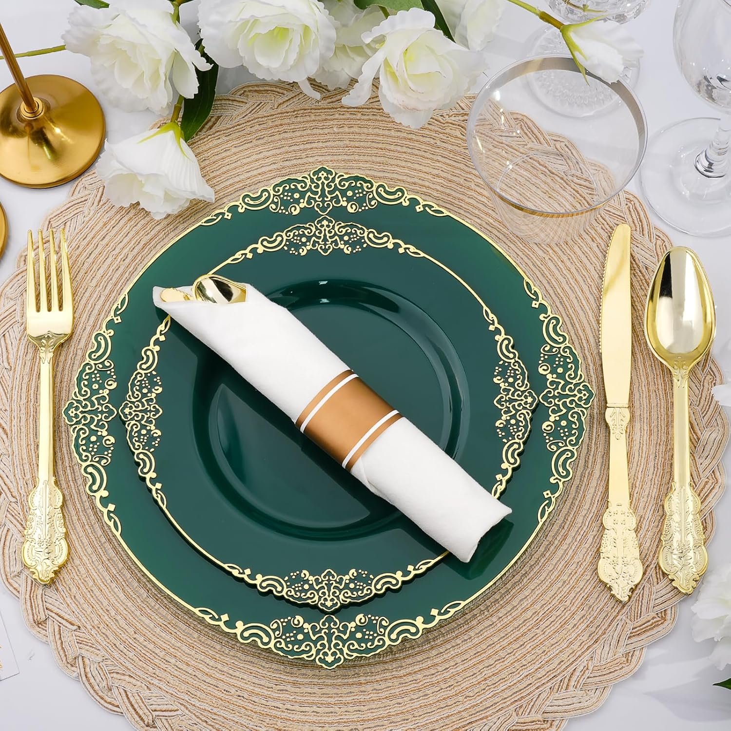 Wholesale 350 PCS Green and Gold Plastic Dinnerware Set for 50 Guests with 100 Disposable Plates 150 Silverware 50 Cups 50 Napkins for Parties Weddings Graduations Supplier