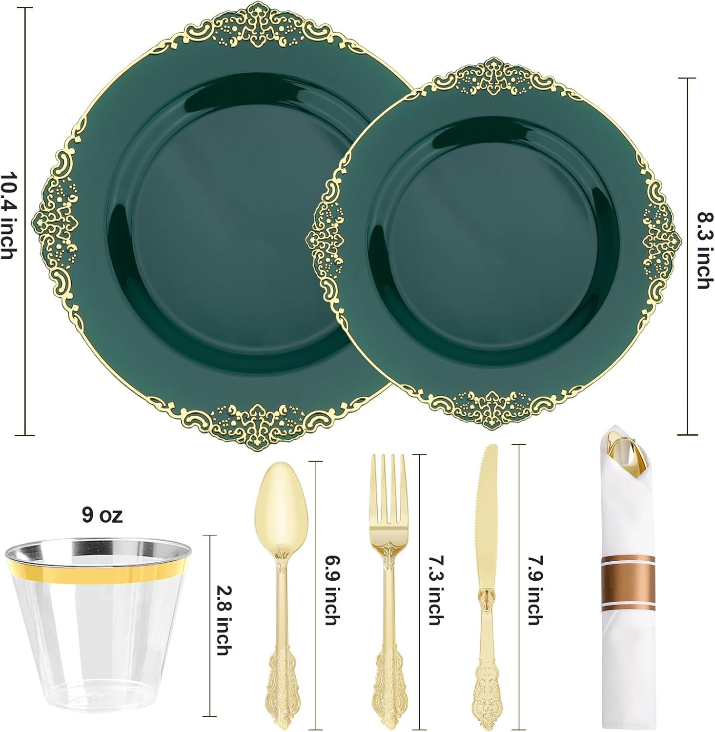 Wholesale 350 PCS Green and Gold Plastic Dinnerware Set for 50 Guests with 100 Disposable Plates 150 Silverware 50 Cups 50 Napkins for Parties Weddings Graduations Supplier