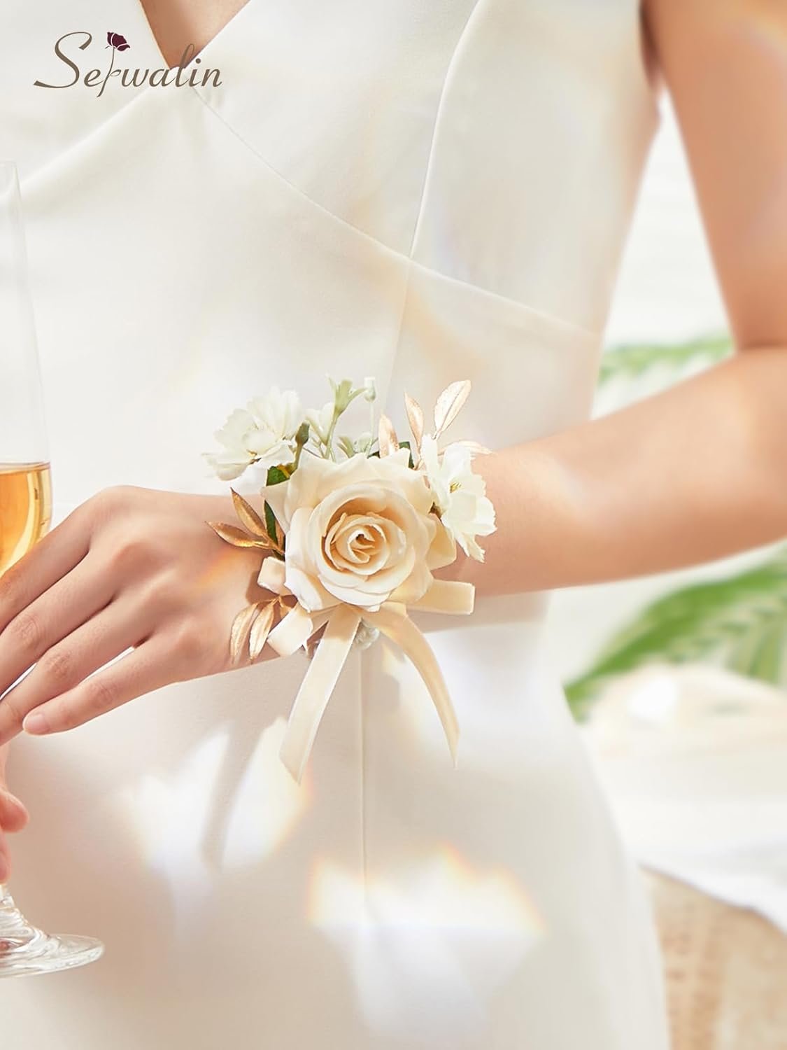 Wholesale 2-Piece Champagne Rose Corsage and Boutonniere Set for Prom Wedding Flower Accessories Supplier Wholesale 2-Piece Champagne Rose Corsage and Boutonniere Set for Prom Wedding Flower Accessories Supplier