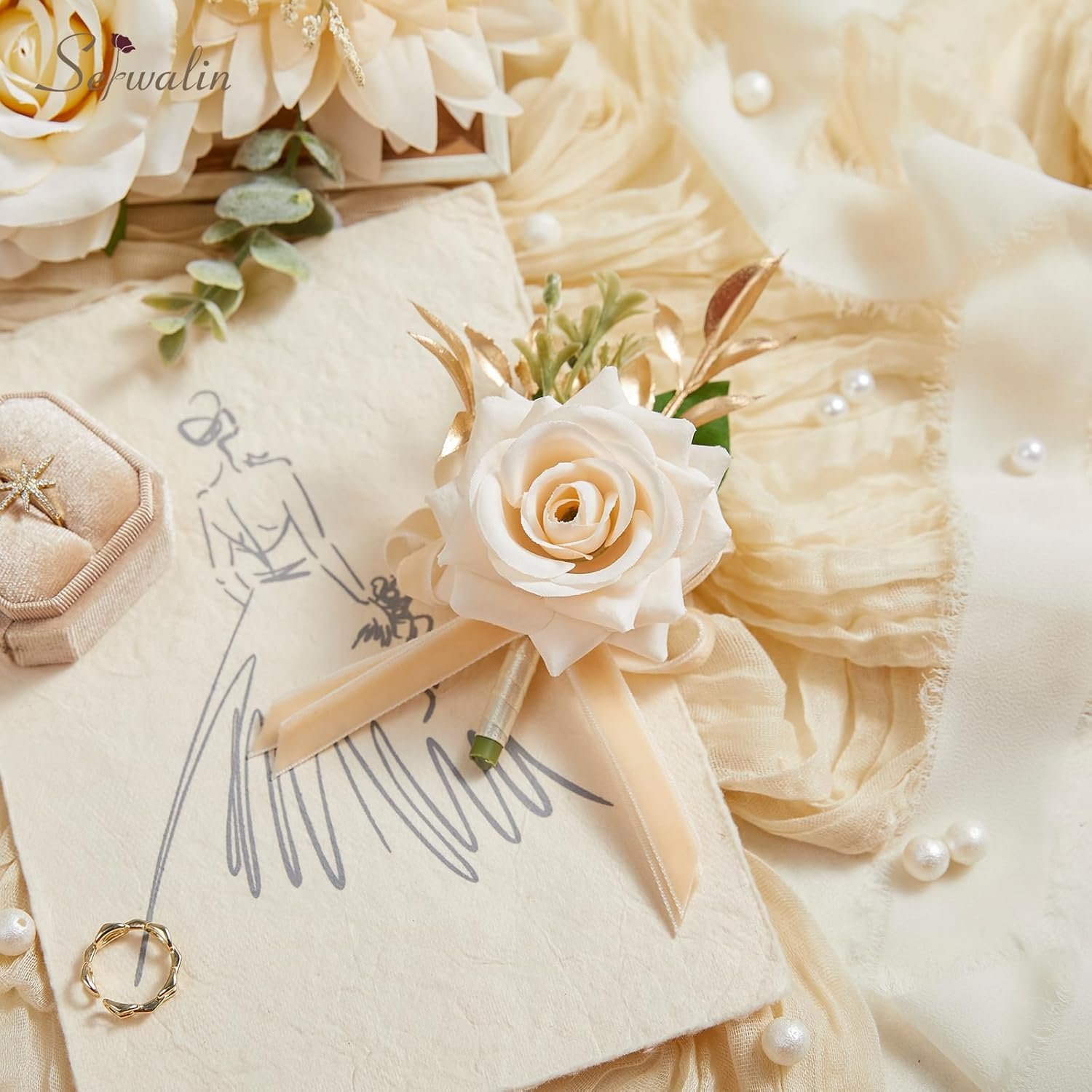 Wholesale 2-Piece Champagne Rose Corsage and Boutonniere Set for Prom Wedding Flower Accessories Supplier Wholesale 2-Piece Champagne Rose Corsage and Boutonniere Set for Prom Wedding Flower Accessories Supplier