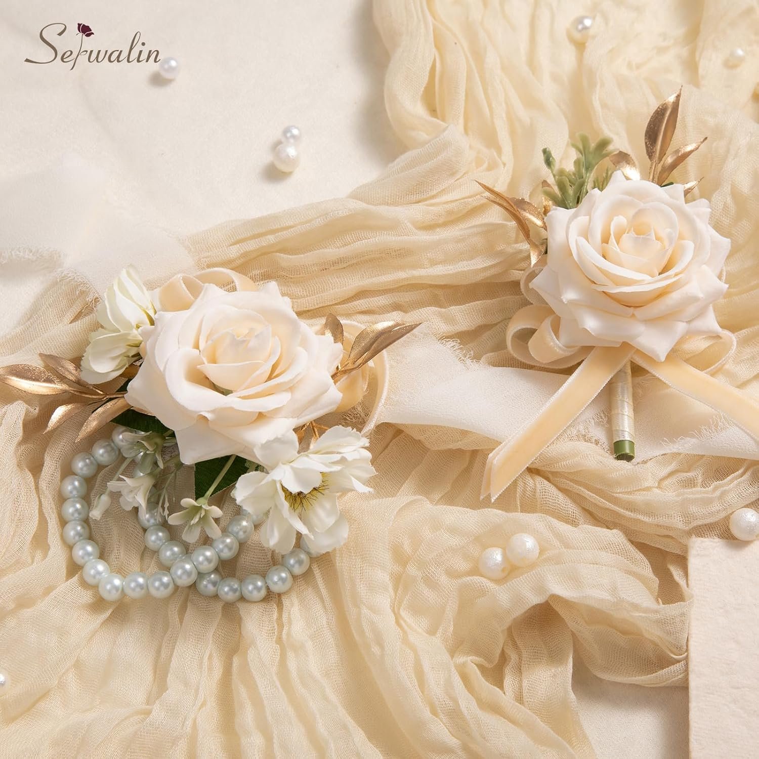 Wholesale 2-Piece Champagne Rose Corsage and Boutonniere Set for Prom Wedding Flower Accessories Supplier Wholesale 2-Piece Champagne Rose Corsage and Boutonniere Set for Prom Wedding Flower Accessories Supplier