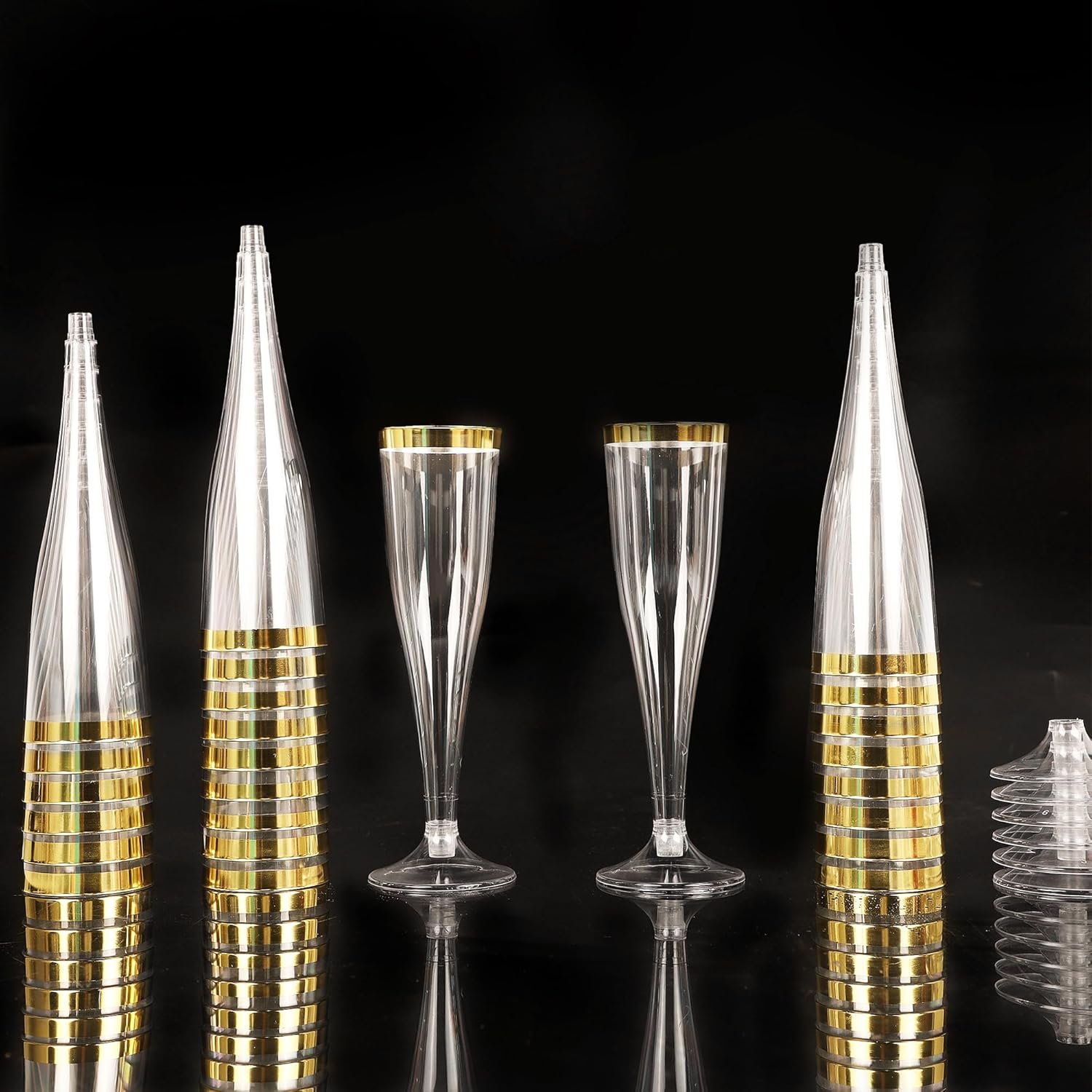 Wholesale 100 4.5oz Clear Plastic Champagne Flutes Disposable Hard Stemware Cups with Golden Rim for Weddings Graduation Parties Bridal Showers Birthday Celebrations Supplier