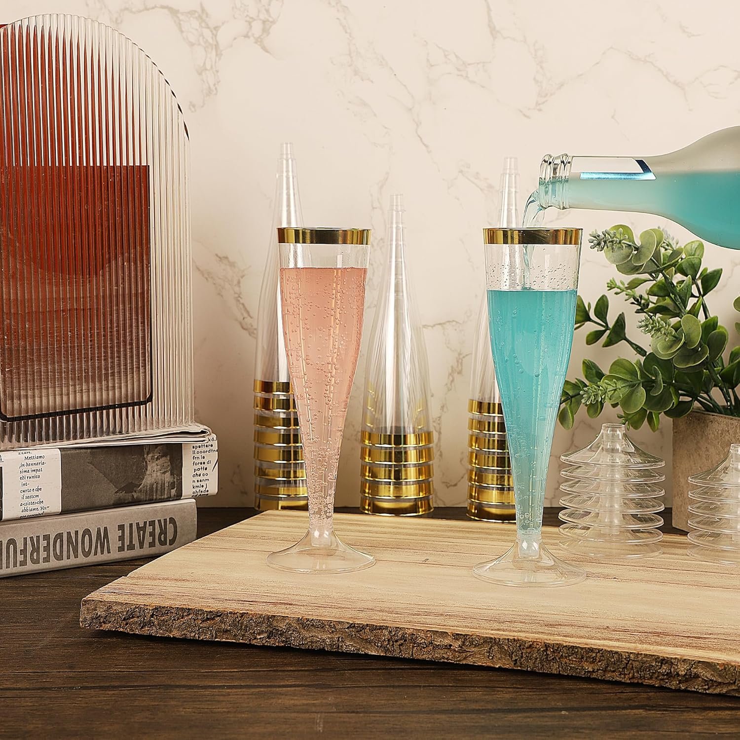 Wholesale 100 4.5oz Clear Plastic Champagne Flutes Disposable Hard Stemware Cups with Golden Rim for Weddings Graduation Parties Bridal Showers Birthday Celebrations Supplier
