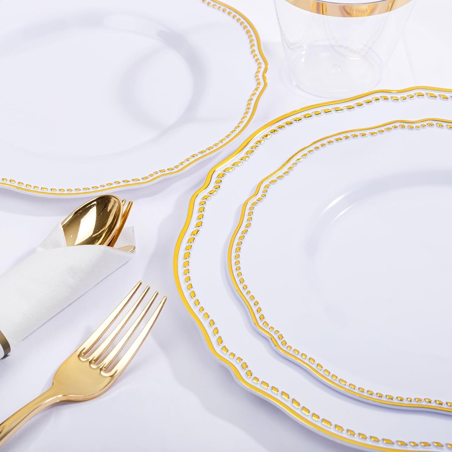 Wholesale 350pcs White and Gold Plastic Dinnerware Set Includes 50 Dinner Plates 50 Dessert Plates 50 Cups 50 Rolled Napkin Cutlery Packs for Weddings and Parties Supplier Wholesale 350pcs White and Gold Plastic Dinnerware Set Includes 50 Dinner Plates 50 Dessert Plates 50 Cups 50 Rolled Napkin Cutlery Packs for Weddings and Parties Supplier