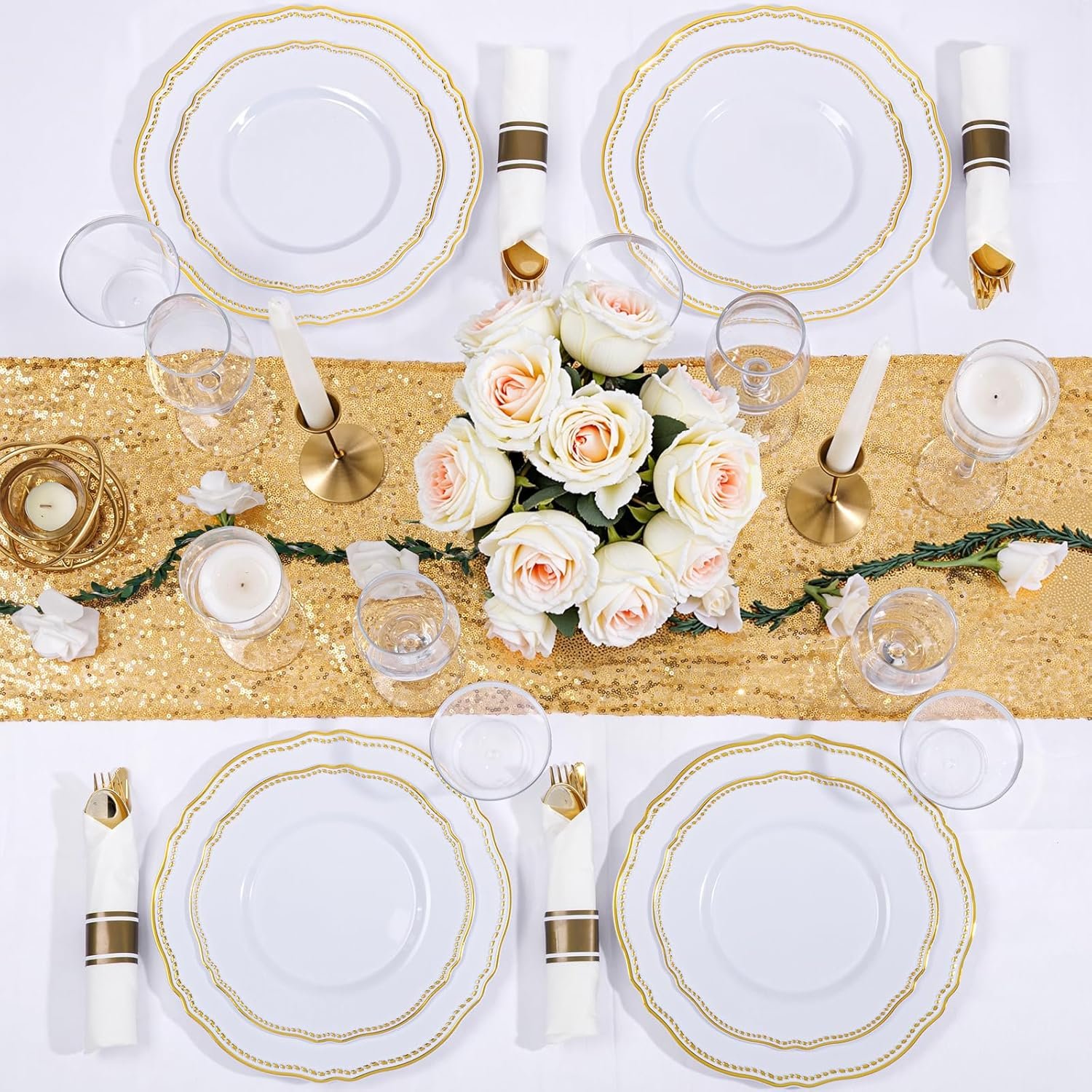 Wholesale 350pcs White and Gold Plastic Dinnerware Set Includes 50 Dinner Plates 50 Dessert Plates 50 Cups 50 Rolled Napkin Cutlery Packs for Weddings and Parties Supplier Wholesale 350pcs White and Gold Plastic Dinnerware Set Includes 50 Dinner Plates 50 Dessert Plates 50 Cups 50 Rolled Napkin Cutlery Packs for Weddings and Parties Supplier