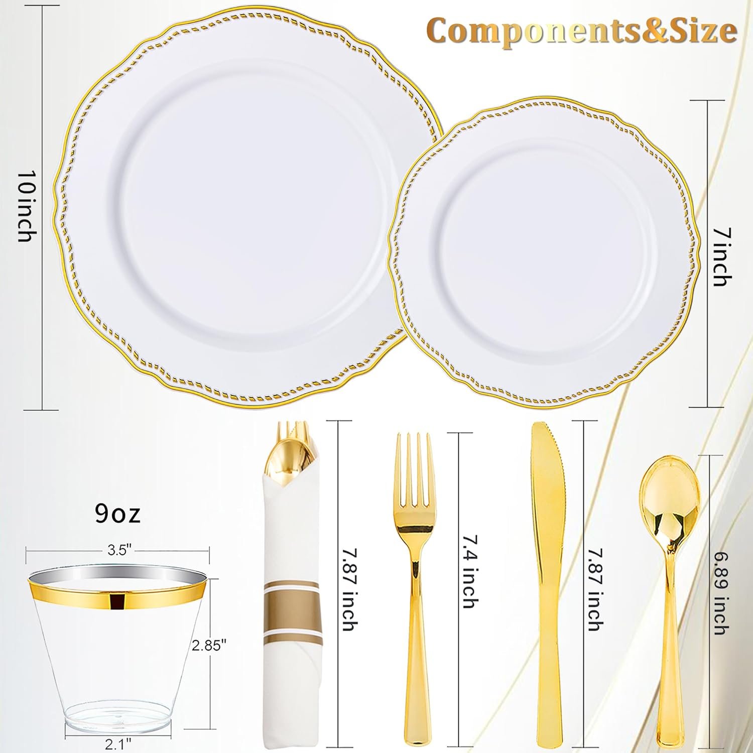 Wholesale 350pcs White and Gold Plastic Dinnerware Set Includes 50 Dinner Plates 50 Dessert Plates 50 Cups 50 Rolled Napkin Cutlery Packs for Weddings and Parties Supplier Wholesale 350pcs White and Gold Plastic Dinnerware Set Includes 50 Dinner Plates 50 Dessert Plates 50 Cups 50 Rolled Napkin Cutlery Packs for Weddings and Parties Supplier