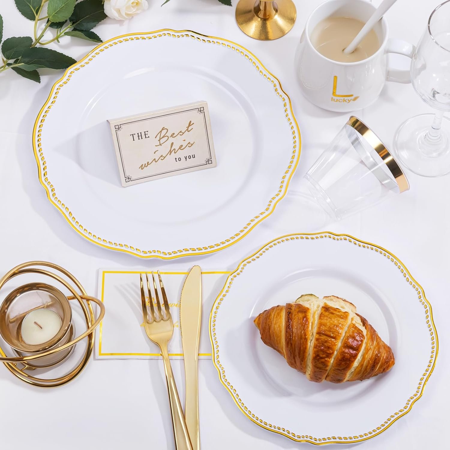 Wholesale 350pcs White and Gold Plastic Dinnerware Set Includes 50 Dinner Plates 50 Dessert Plates 50 Cups 50 Rolled Napkin Cutlery Packs for Weddings and Parties Supplier Wholesale 350pcs White and Gold Plastic Dinnerware Set Includes 50 Dinner Plates 50 Dessert Plates 50 Cups 50 Rolled Napkin Cutlery Packs for Weddings and Parties Supplier