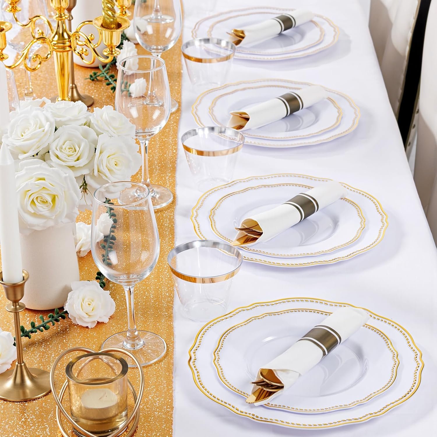 Wholesale 350pcs White and Gold Plastic Dinnerware Set Includes 50 Dinner Plates 50 Dessert Plates 50 Cups 50 Rolled Napkin Cutlery Packs for Weddings and Parties Supplier Wholesale 350pcs White and Gold Plastic Dinnerware Set Includes 50 Dinner Plates 50 Dessert Plates 50 Cups 50 Rolled Napkin Cutlery Packs for Weddings and Parties Supplier