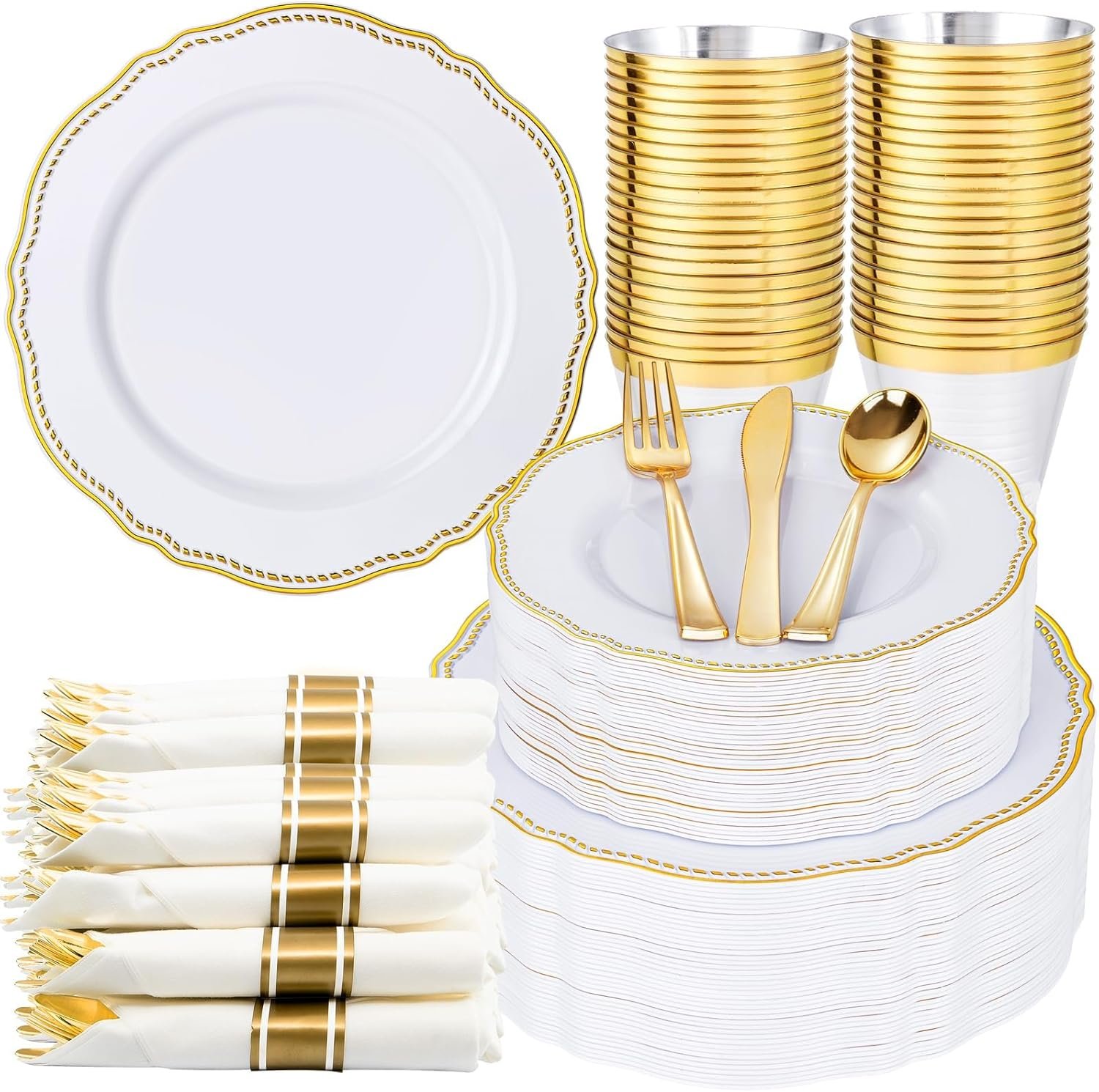 Hioasis 350pcs White and Gold Plastic Plates - Gold Plastic Dinnerware Set Includes 50 Dinner Plates, 50 Dessert Dinnerware, 50 Cups, 50 Rolled Napkin Cutlery Perfect for Wedding & Party