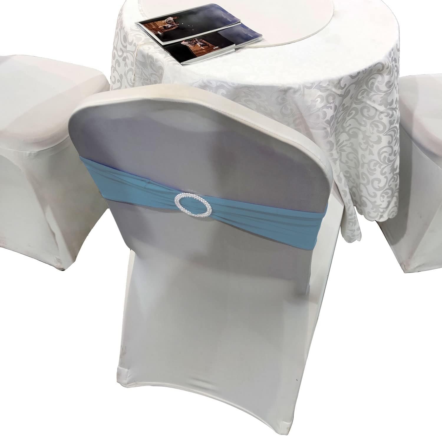 Wholesale 20 Pcs Sky Blue Chair Sashes with Buckles Stretch Spandex Elastic Bows Ties for Wedding Party Birthday Graduation Banquet Event Decoration Supplier