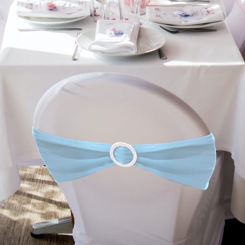 Wholesale 20 Pcs Sky Blue Chair Sashes with Buckles Stretch Spandex Elastic Bows Ties for Wedding Party Birthday Graduation Banquet Event Decoration Supplier