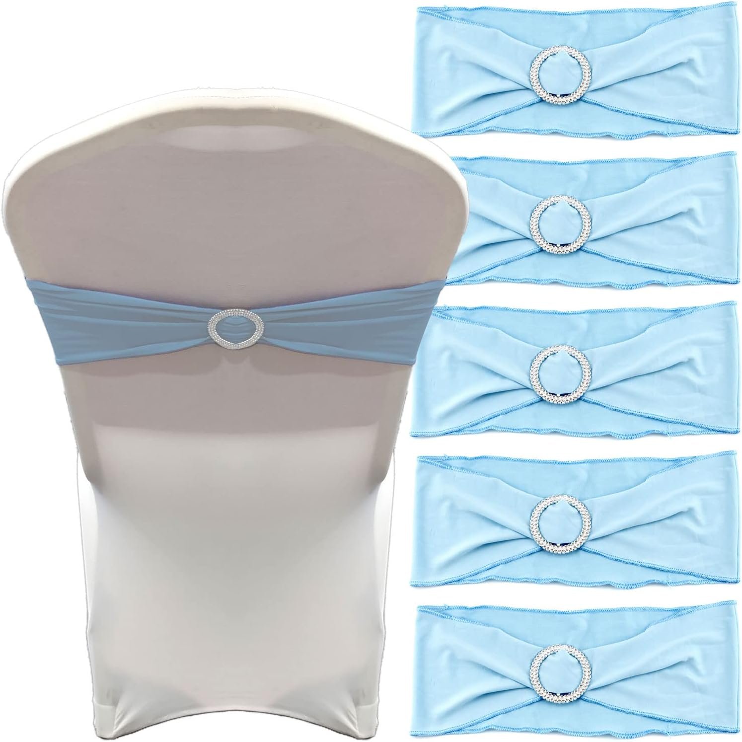 IFAMIO 20 Pcs Light Blue Chair Sashes with Buckles Bridal Stretch Spandex Chair Bands Elastic Bows Ties with Buckle for Wedding Party Birthday Graduation Banquet Event Decoration (Sky Blue)