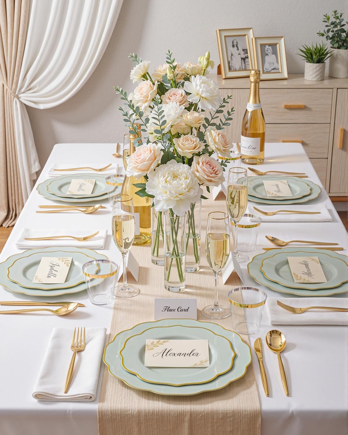 Wholesale 180PCS Sage Green Plastic Disposable Plates with Gold Rim - Includes 30 Dinner 30 Dessert Plates 30 Knives 30 Forks 30 Spoons 30 Cups for Parties and Spring Supplier