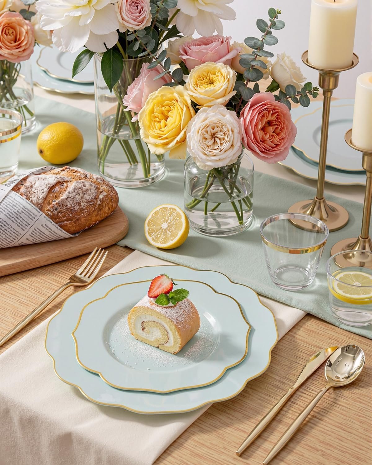 Wholesale 180PCS Sage Green Plastic Disposable Plates with Gold Rim - Includes 30 Dinner 30 Dessert Plates 30 Knives 30 Forks 30 Spoons 30 Cups for Parties and Spring Supplier